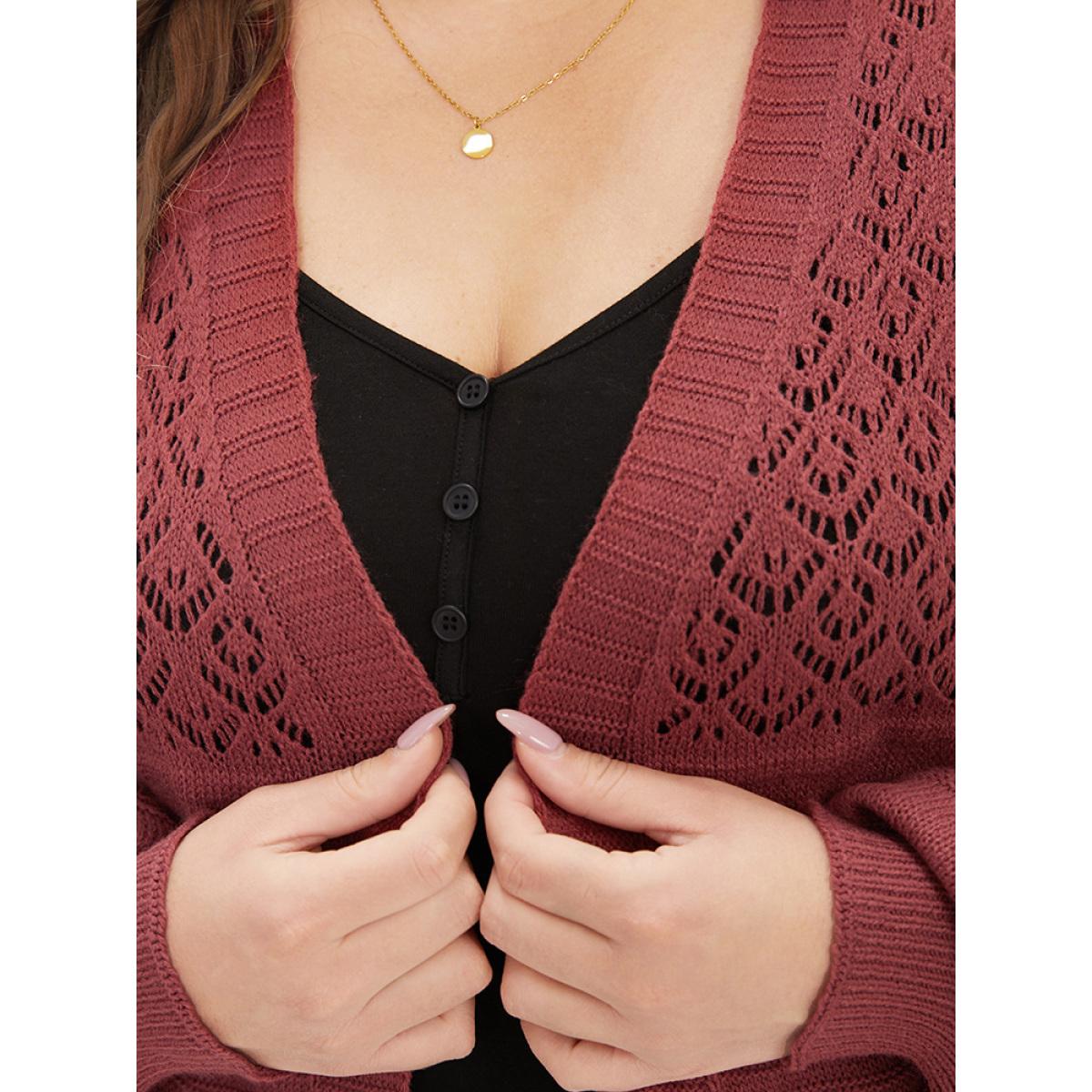 Plus Size Plain Fringe Trim Patched Pocket Cardigan Russet Women Casual Loose Long Sleeve Dailywear Cardigans BloomChic 28/5X Product Image