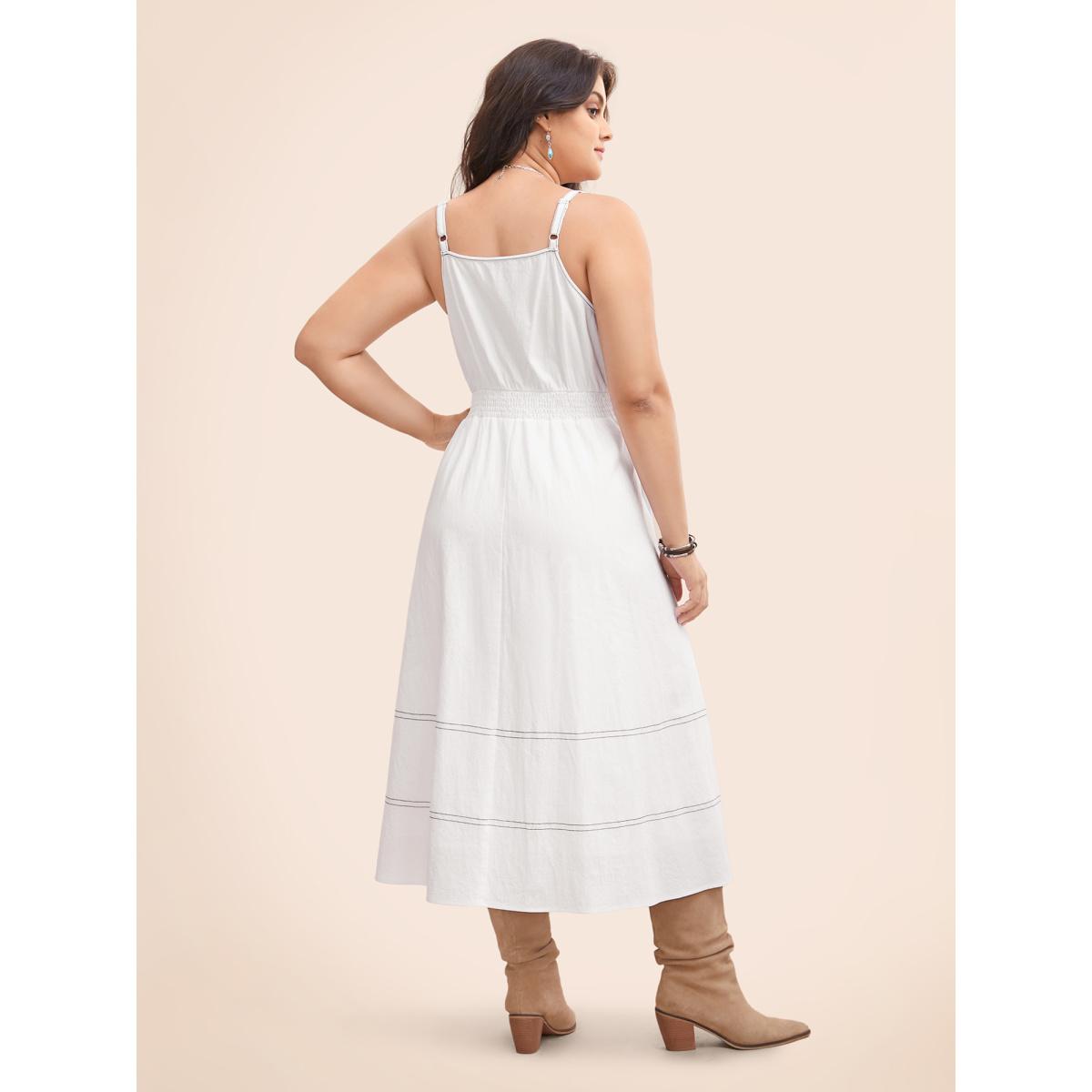 Plus Size Hollow Front Button Detail Flare Maxi Dress Originalwhite Women Resort Topstitching V-neck Sleeveless Curvy BloomChic 30/6X Product Image