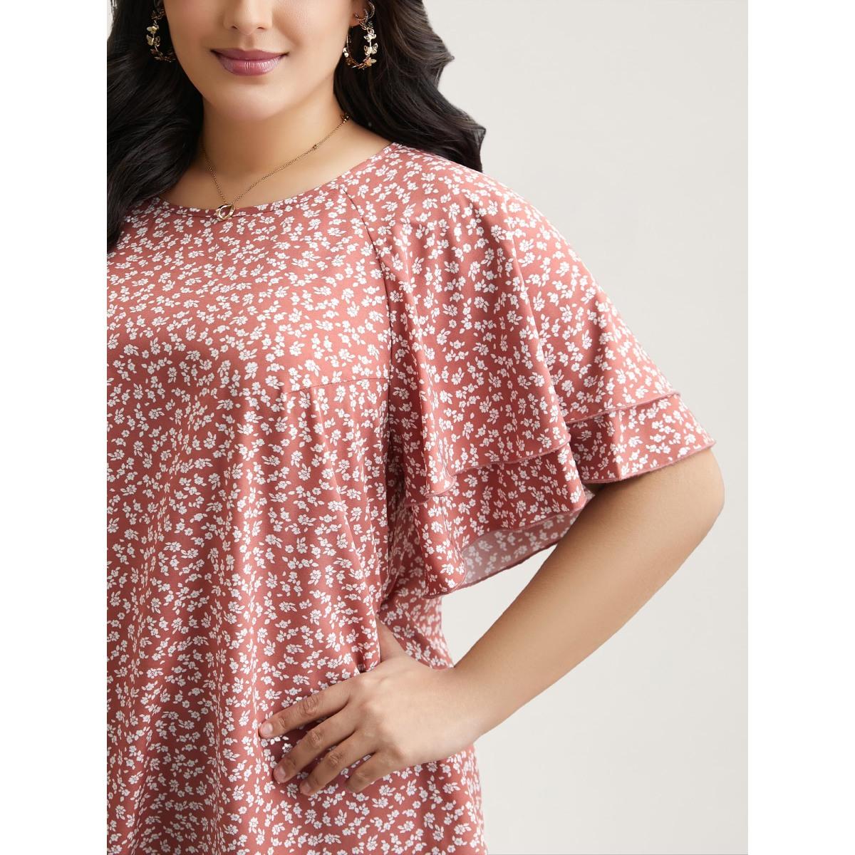 Plus Size Rouge Ditsy Floral Print Tiered Lotus Leaf Sleeve Shirt Women Timeless Short sleeve Round Neck Elegant Blouses BloomChic 12/L Product Image