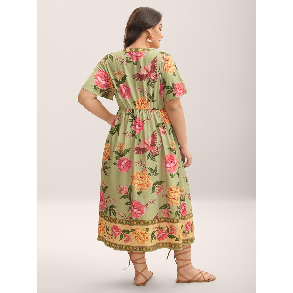 Plus Size Floral Contrast Hem Split Neck Midi Dress Sage Women Boho Flat collar with V-notch Short sleeve Curvy BloomChic 14-16/1X Product Image
