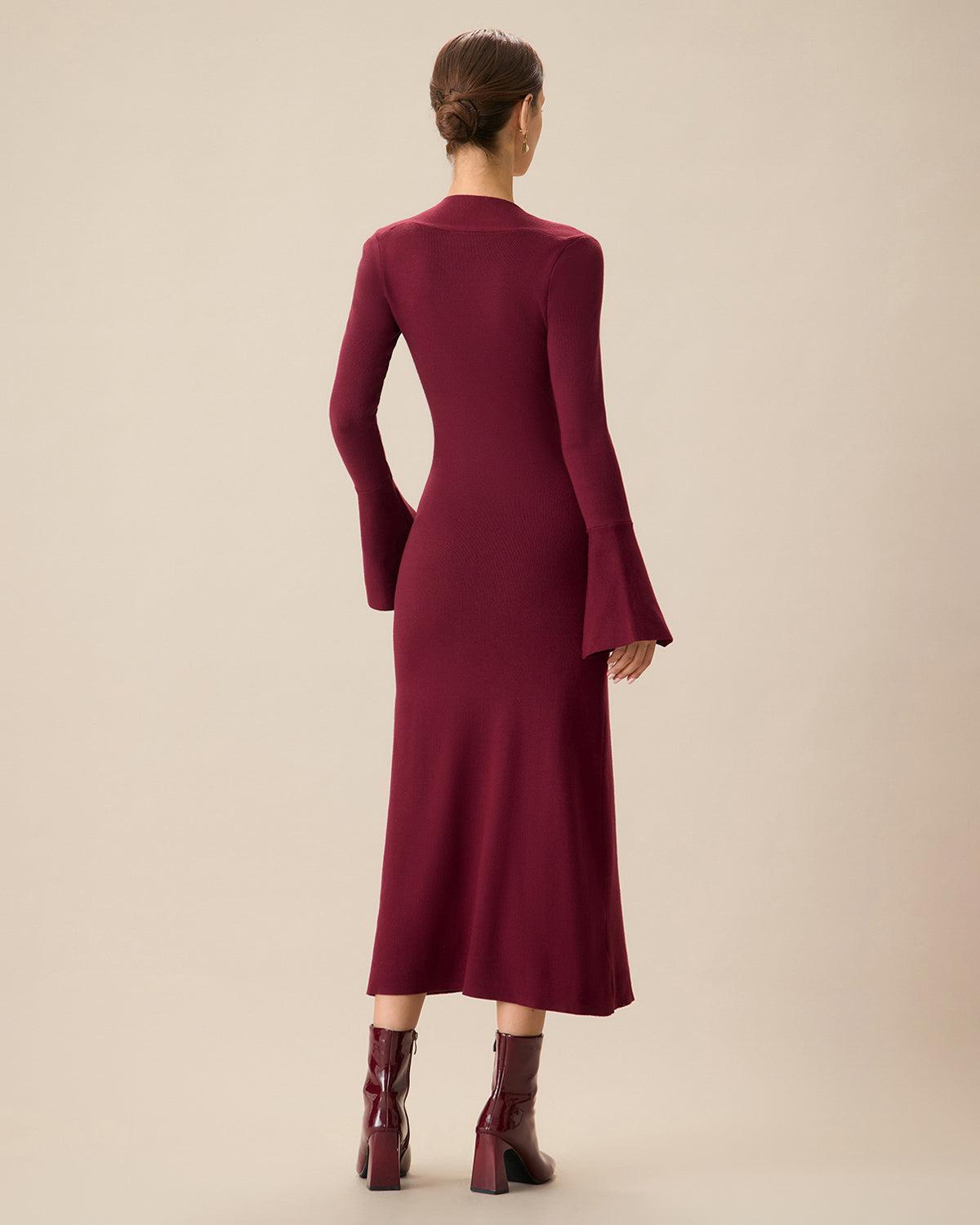 The Red Square Neck Flare Sleeve Midi Dress Product Image