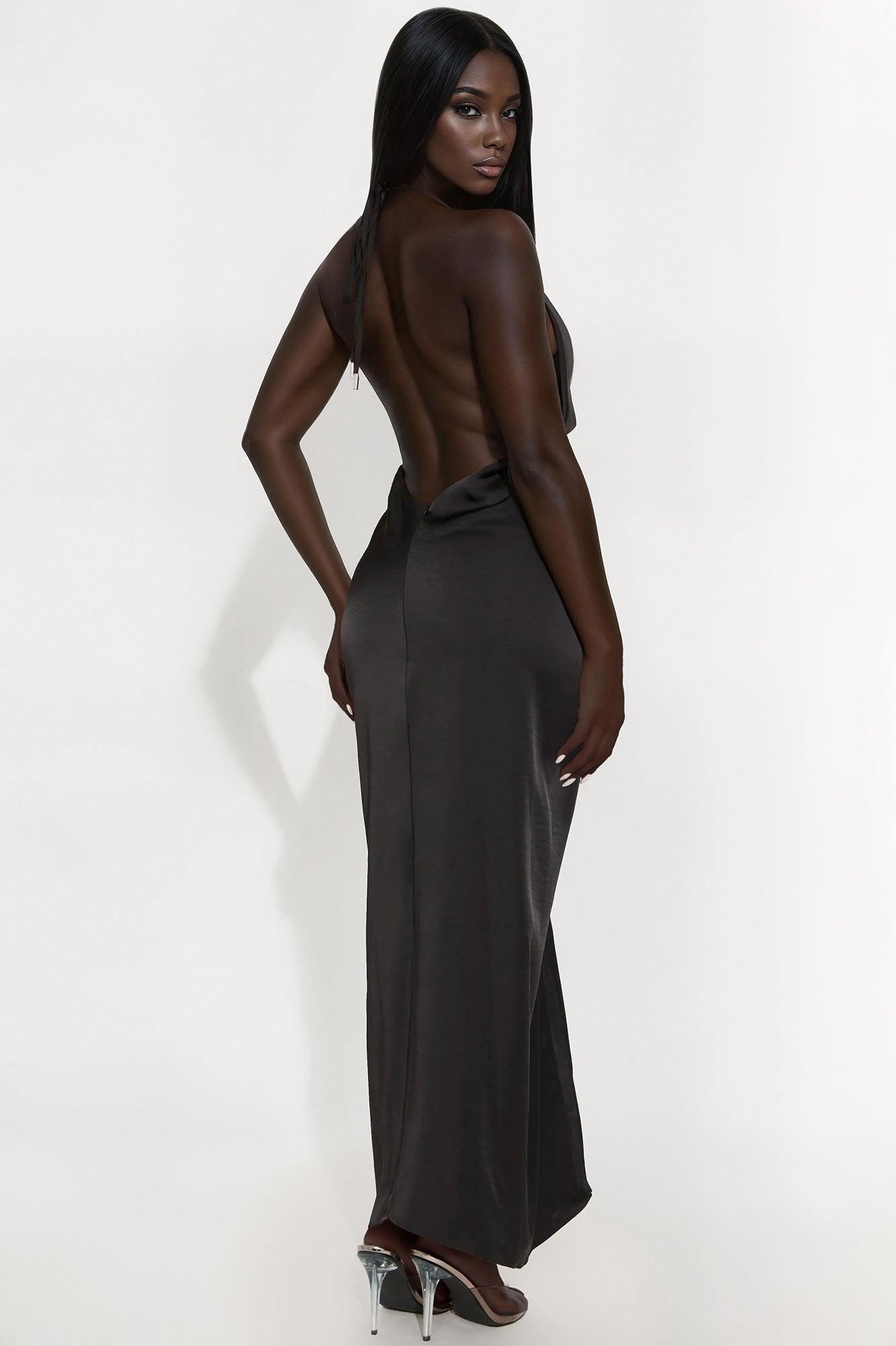 Evening Bliss Backless Satin Maxi Dress - Black Female Product Image