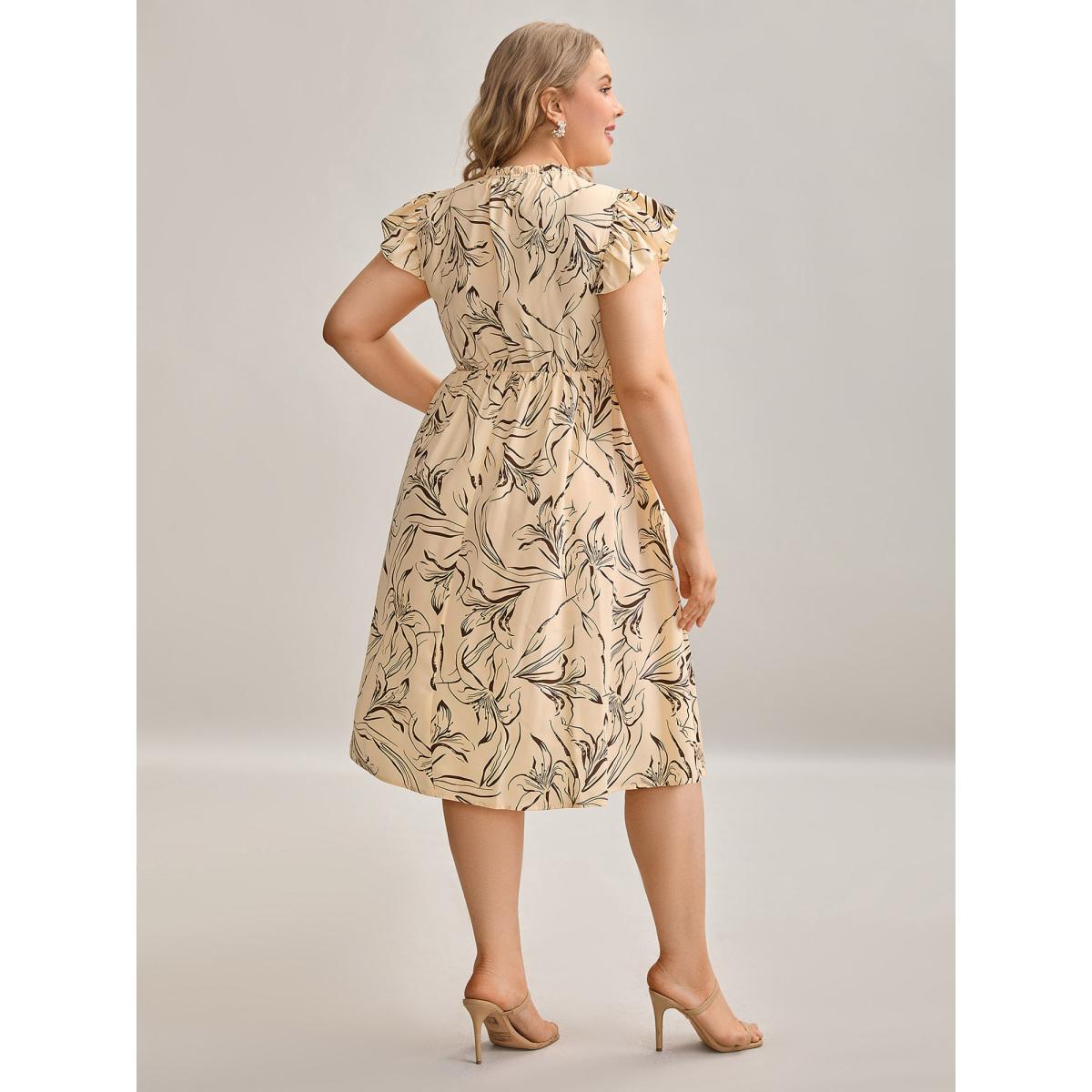 Plus Size Abstract Print Mock Neck Midi Dress Apricot Women Elegant Frill Trim Mock Neck Cap Sleeve Curvy BloomChic 22-24/3X Product Image