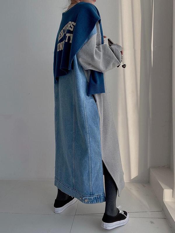 Original Loose Long Sleeves Letter Print Split-Side Split-Joint Round-Neck Midi Dresses Product Image