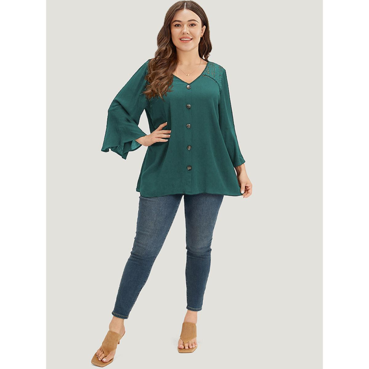 Plus Size Emerald Plain Crochet Lace Button Detail Bell Sleeve Blouse Women Elegant Elbow-length sleeve V-neck Dailywear Blouses BloomChic 10/M Product Image