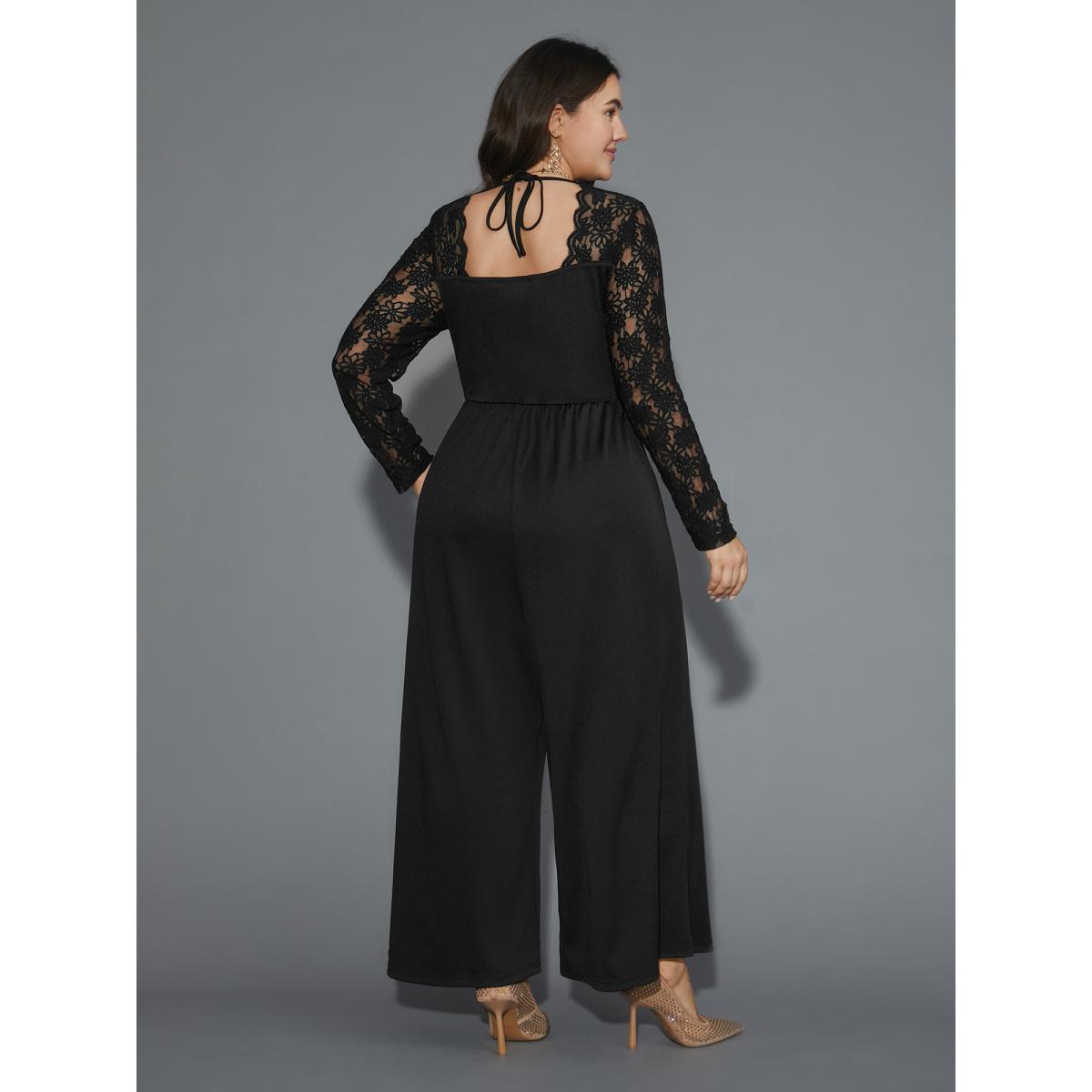 Plus Size Black Lace Mesh Sleeves Square Neck Jumpsuit Women Cocktail Long Sleeve Square Neck Party Loose Jumpsuits BloomChic 18-20/2X Product Image