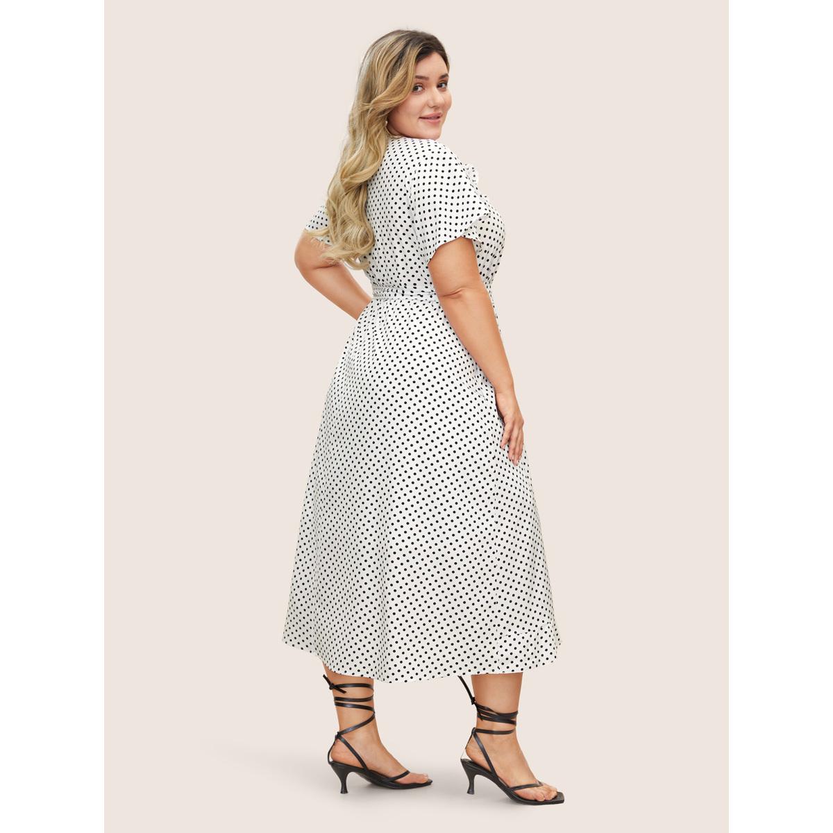Plus Size Polka Dot Flutter Trim Belted Overlap Collar Dress White Women Elegant Non Overlap Collar Short sleeve Curvy Midi Dress BloomChic 12/L Product Image