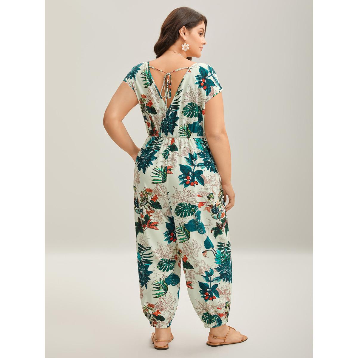 Plus Size Emerald Tropical Print Surplice Neck Back Tie Jumpsuit Women Resort Cap Sleeve V-neck Vacation Loose Jumpsuits BloomChic 10/M Product Image