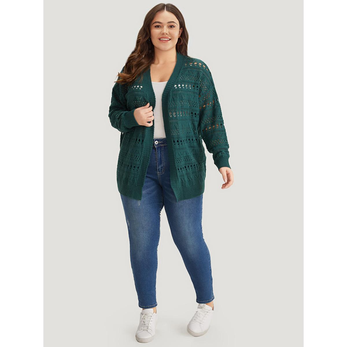 Plus Size Geometric Eyelet Open Front Loose Cardigan Cyan Women Casual Loose Long Sleeve Office Cardigans BloomChic 14-16/1X Product Image