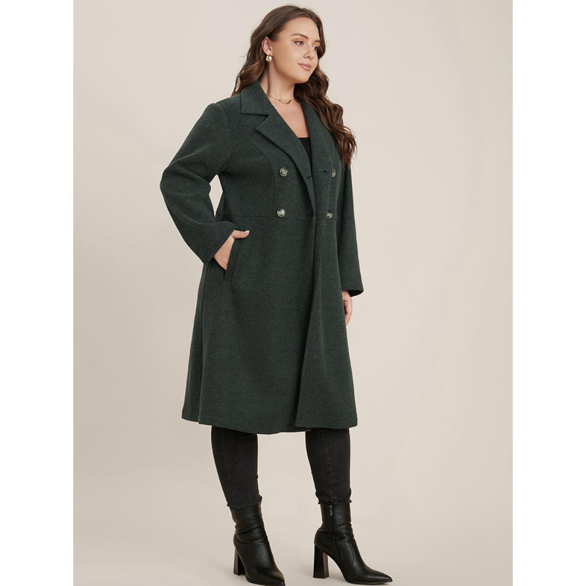 Plus Size Solid Pocket Double Breasted Heather Overlap Collar Coat Women DarkGreen Casual Plain Bodycon Ladies Dailywear Winter Coats BloomChic 30/6X Product Image