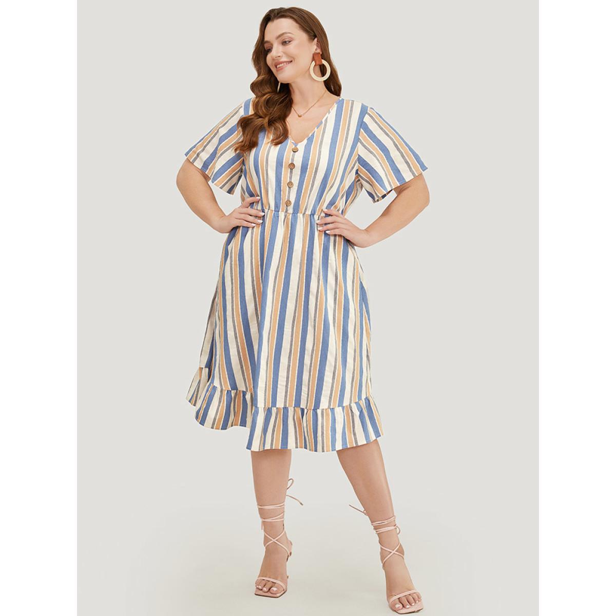 Plus Size Striped Print Button Detail Pocket Flutter Hem Dress Stone Women Vacation Contrast V-neck Short sleeve Curvy Midi Dress BloomChic 18-20/2X Product Image