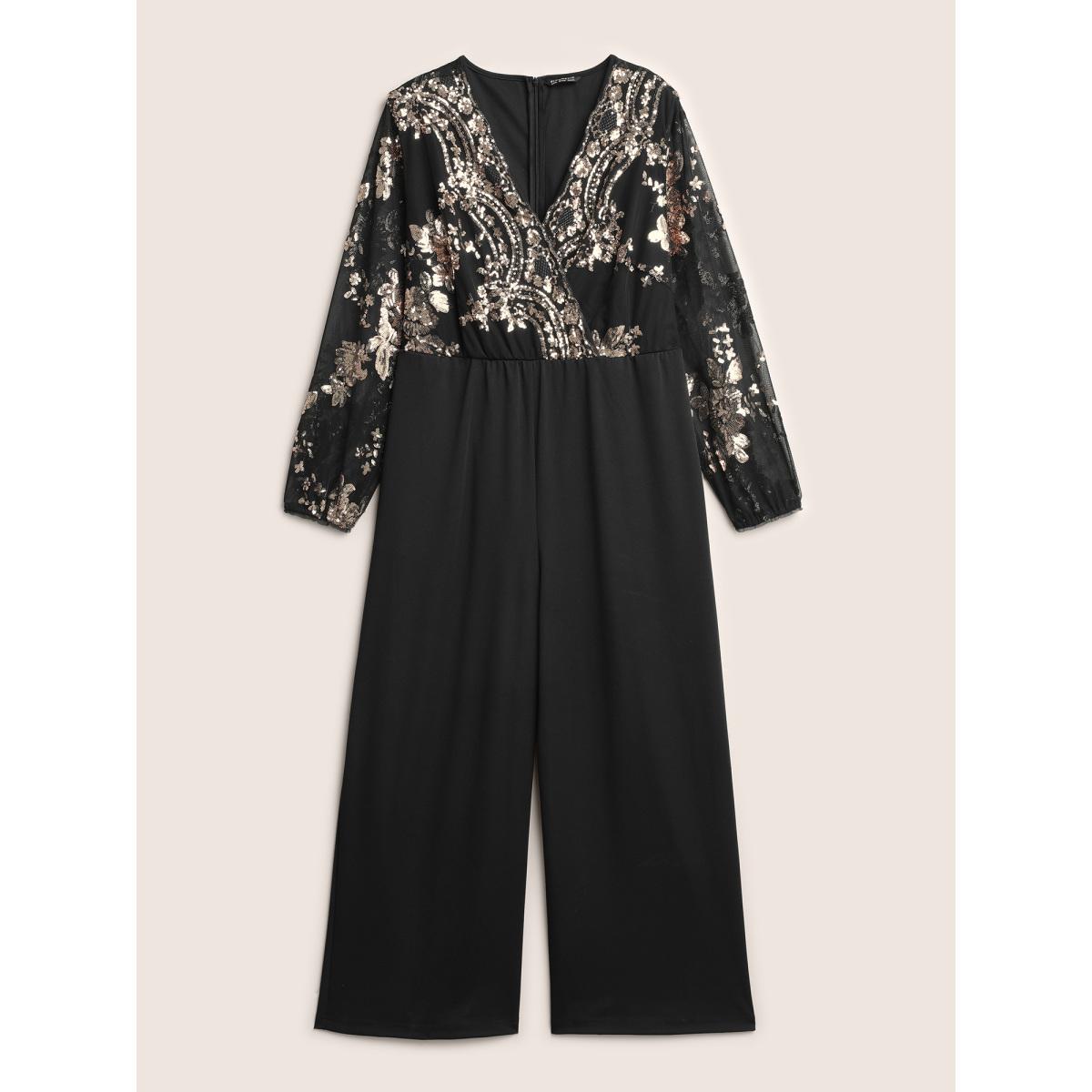 Plus Size Black Sequin Mesh Patchwork Wrap Belted Jumpsuit Women Cocktail Long Sleeve Overlap Collar Party Loose Jumpsuits BloomChic 10/M Product Image