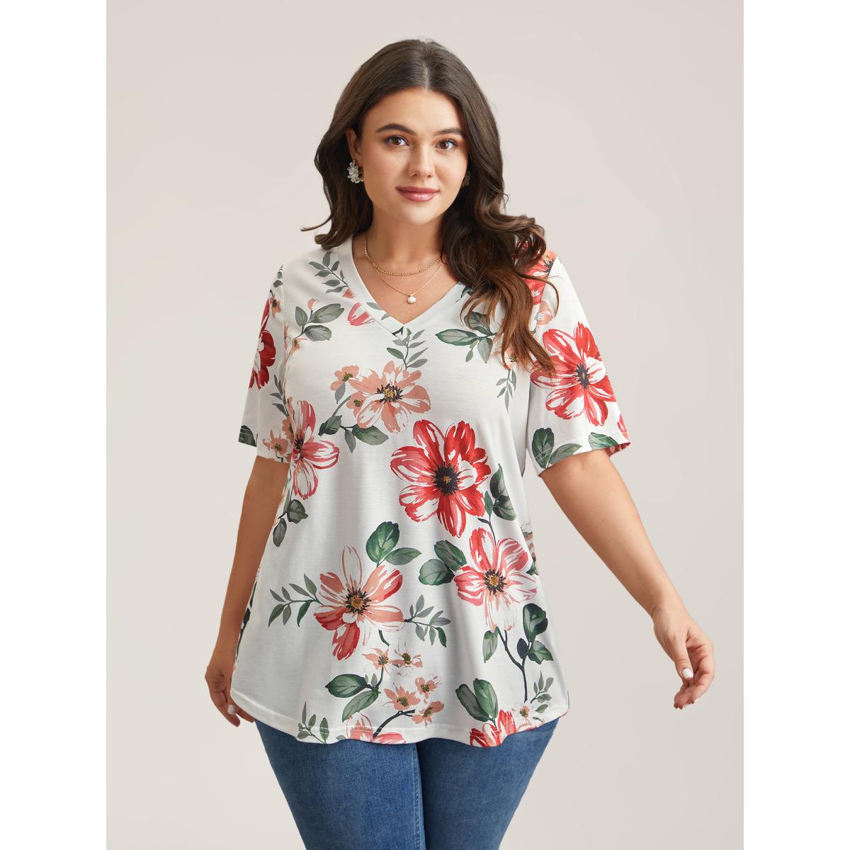 Plus Size Multi-Color Floral Print V-Neck T-Shirt Multicolor Women Timeless Non Natural Flowers V-neck Elegant T-shirts BloomChic 12/L Product Image