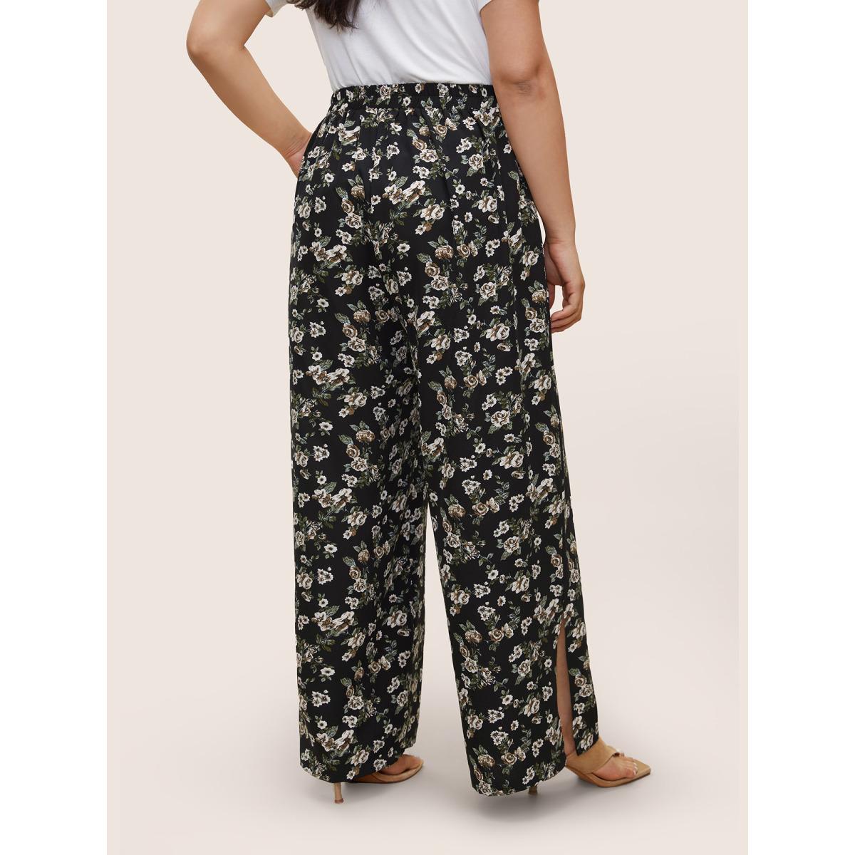 Plus Size Ditsy Floral Ties Split Hem Wide Leg Pants Women BlackFlower Boho Wide Leg High Rise Vacation Pants BloomChic 26/4X Product Image