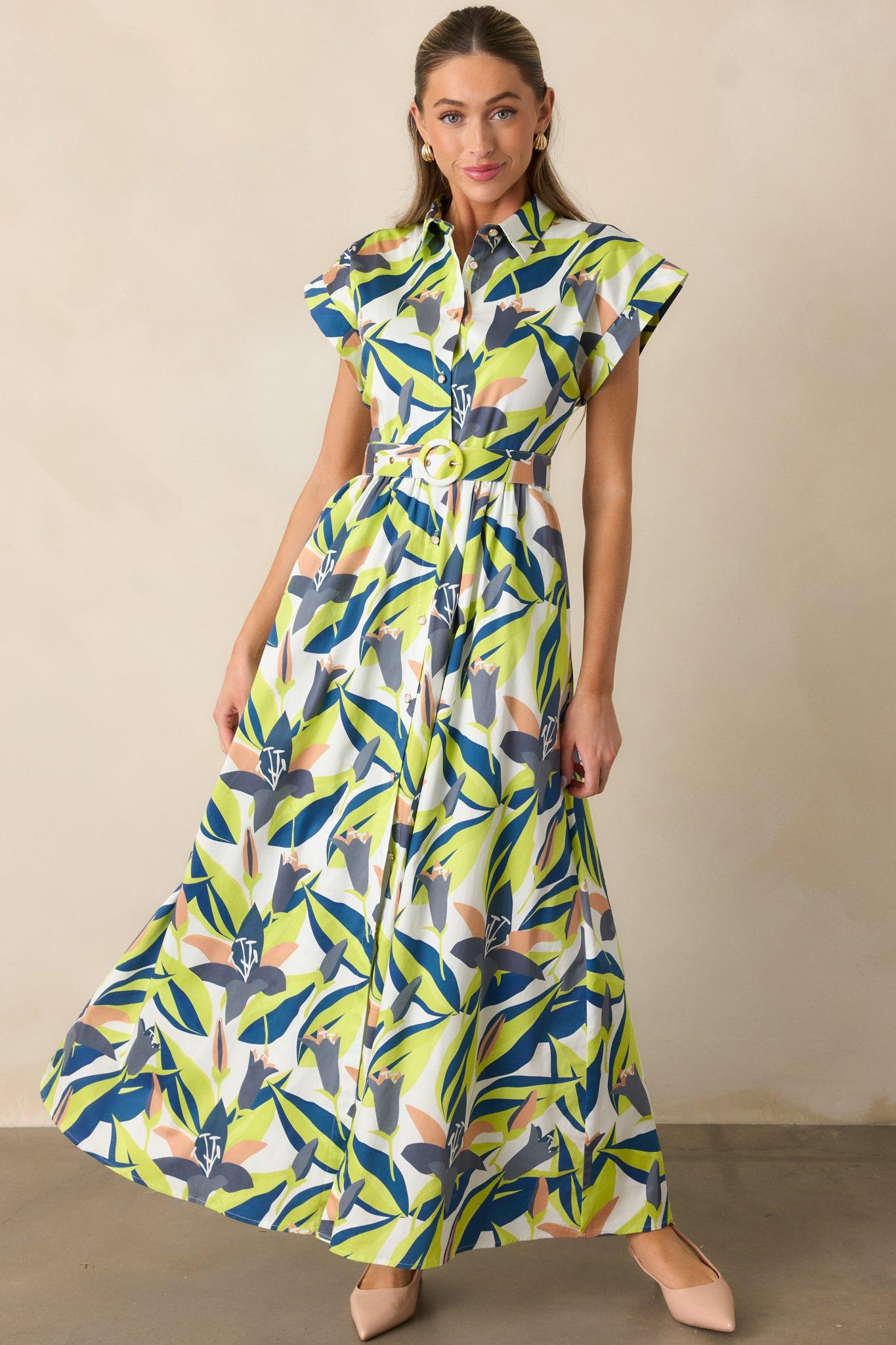 Prosperina Jocelyn Multi Floral Print Cotton Maxi Dress L / Light Green Product Image