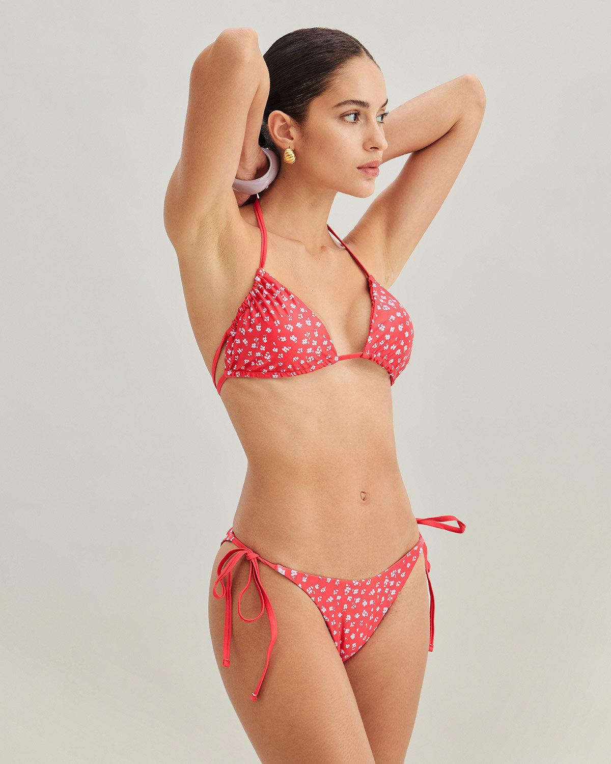 Red Floral Drawstring Triangle Bikini Set Product Image