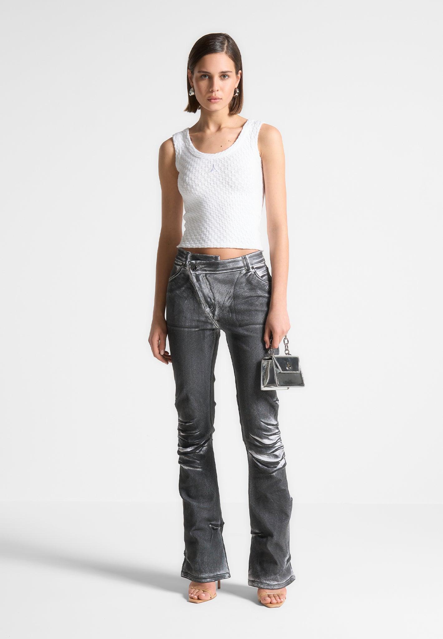 Oil Print Tacked Fit and Flare Jeans - White/Grey Female Product Image