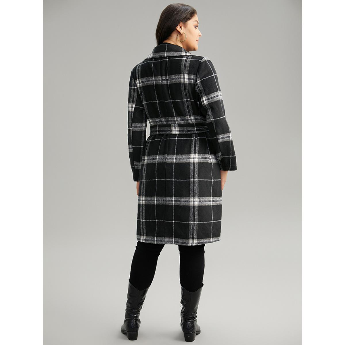 Plus Size Lapel Collar Plaid Belted Contrast Coat Women Black Casual Belted Ladies Dailywear Winter Coats BloomChic 22-24/3X Product Image