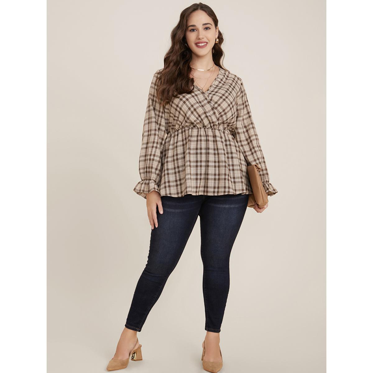 Plus Size LightBrown Plaid Lantern Sleeve Surplice Neck Blouse Women Elegant Long Sleeve V-neck Dailywear Blouses BloomChic 10/M Product Image