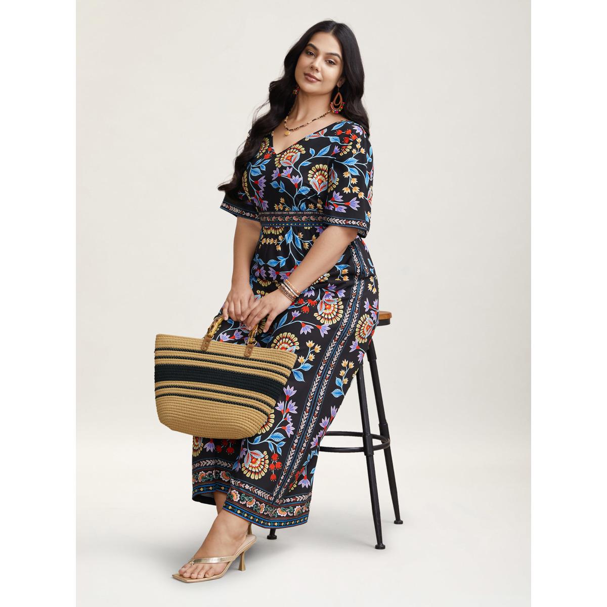 Plus Size Black Deep V-Neck Tropical Print Jumpsuit Women Resort Half Sleeve V-neck Vacation Loose Jumpsuits BloomChic 26/4X Product Image