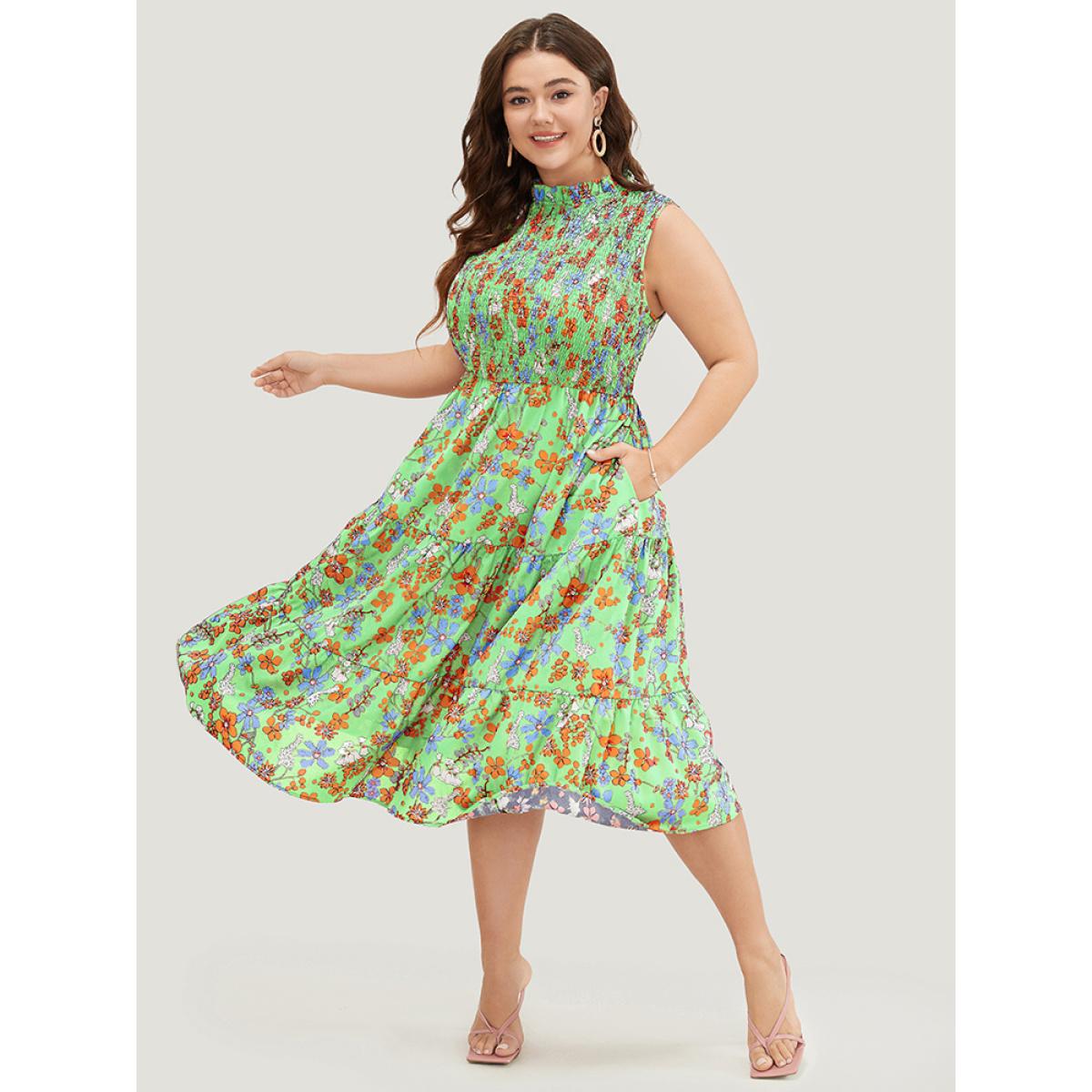 Plus Size Floral Shirred Mock Neck Cut Out Pocket Ruffle Hem Dress LightGreen Women Elegant Frill Trim Mock Neck Sleeveless Curvy Midi Dress BloomChic 26/4X Product Image