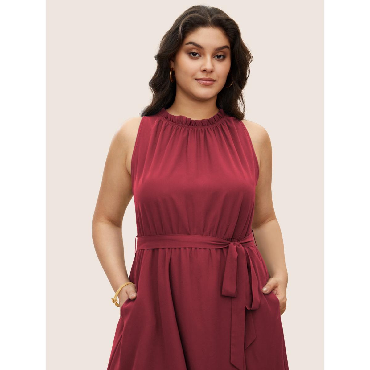 Plus Size Plain Sleeveless Frill Trim Pocket Belted Mock Neck Dress Scarlet Women At the Office Pocket Mock Neck Sleeveless Curvy Midi Dress BloomChic 10/M Product Image