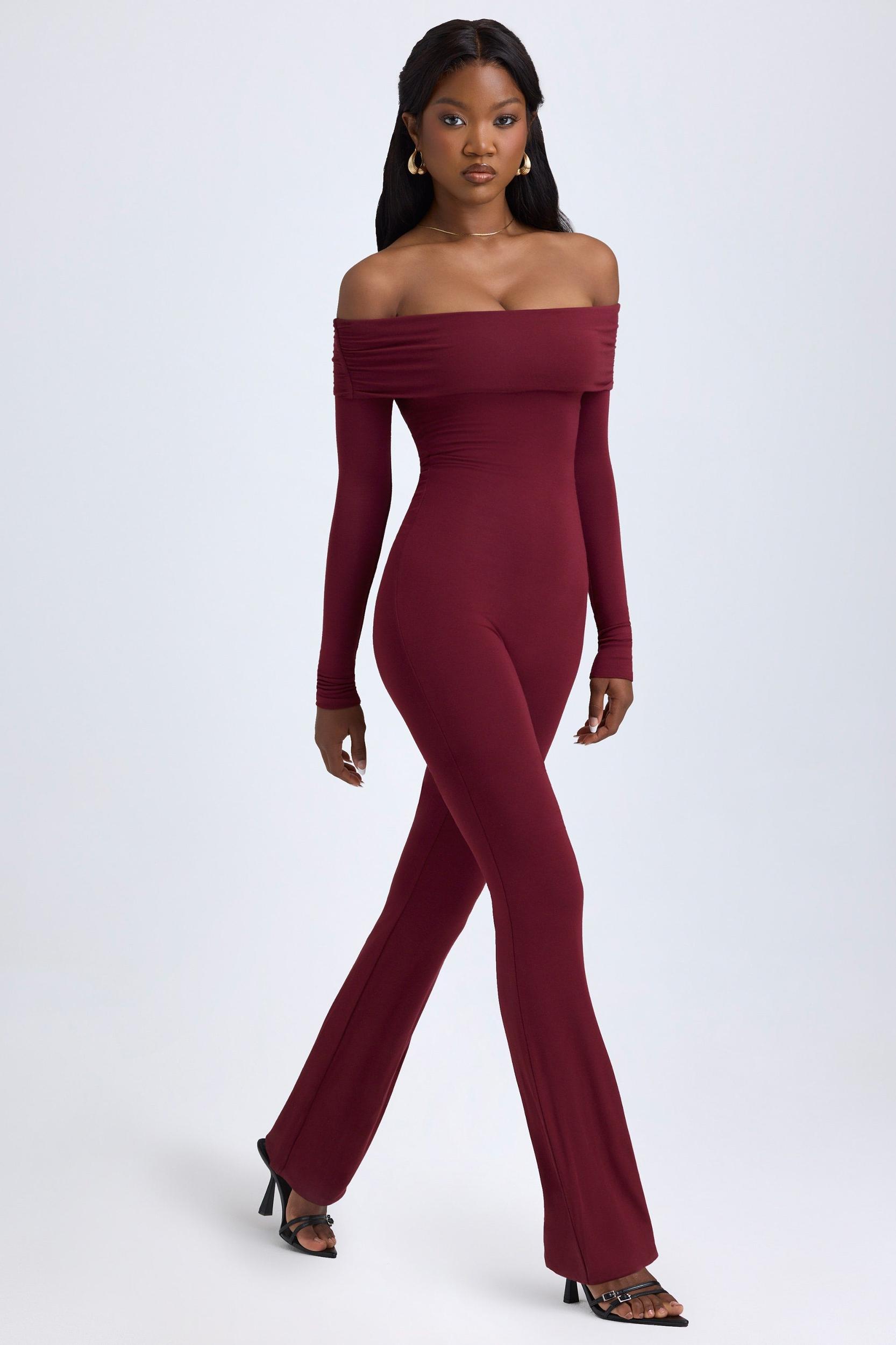 Modal Off-Shoulder Ruched Jumpsuit in Wine Red Product Image