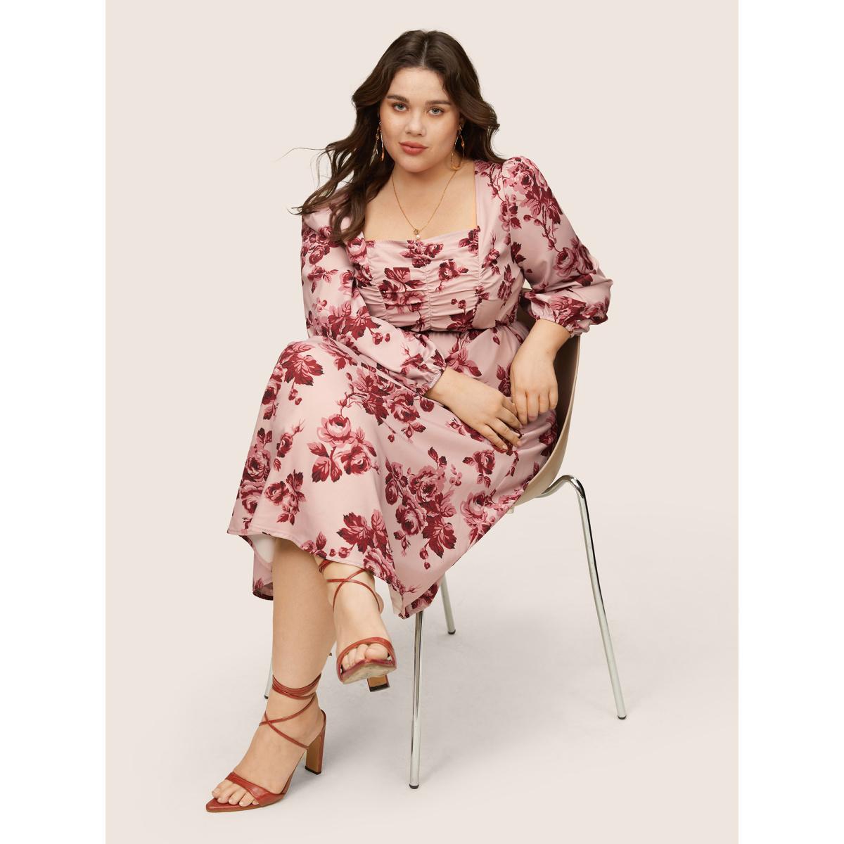 Plus Size Floral Ruched Square Neck Lantern Sleeve Dress DustyPink Women Elegant Non Square Neck Long Sleeve Curvy Midi Dress BloomChic 12/L Product Image