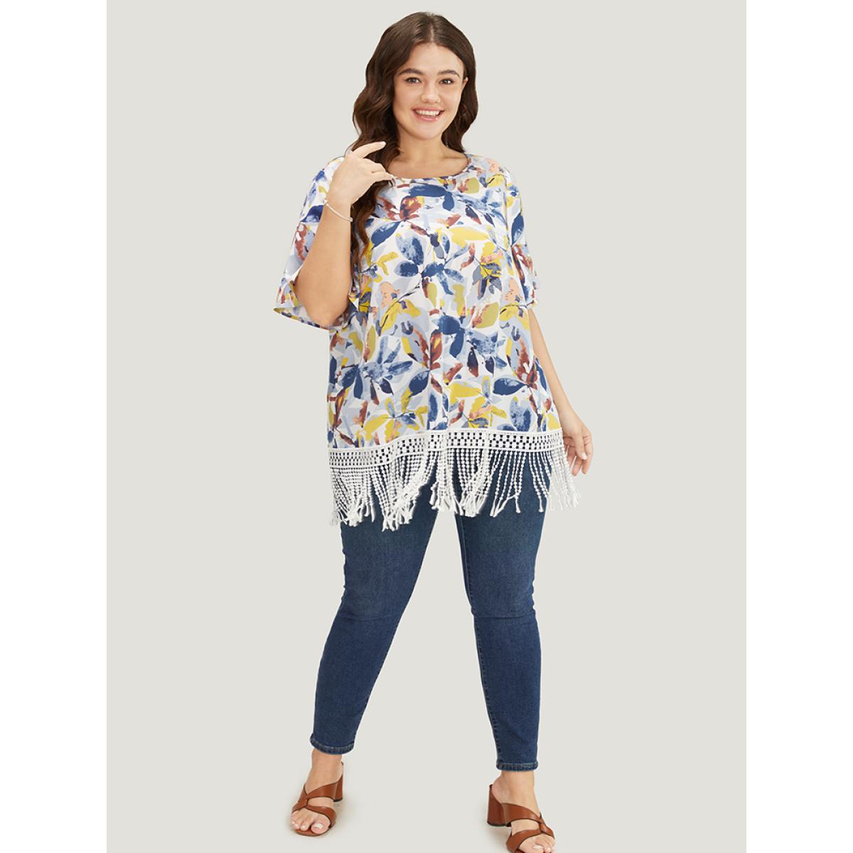 Plus Size Stone Plant Print Ruffle Sleeve Lace Fringe Hem Blouse Women Elegant Short sleeve Round Neck Dailywear Blouses BloomChic 14-16/1X Product Image