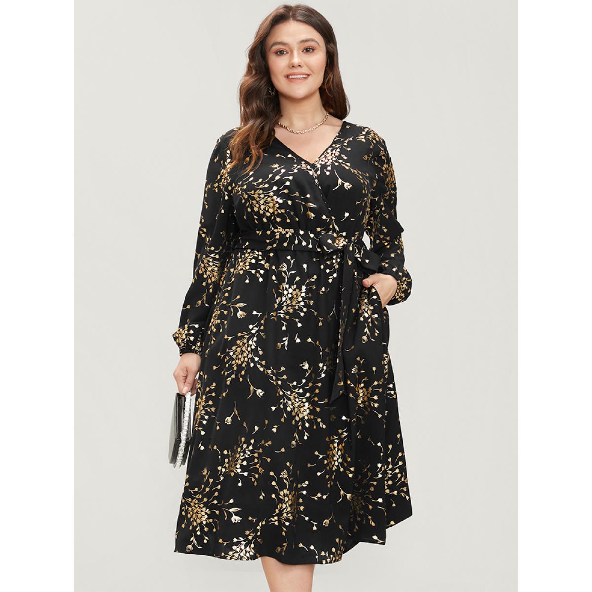Plus Size Floral Pocket Lantern Sleeve Belted Surplice Neck Dress Black Women Party Belted V-neck Long Sleeve Curvy Midi Dress BloomChic 28/5X Product Image