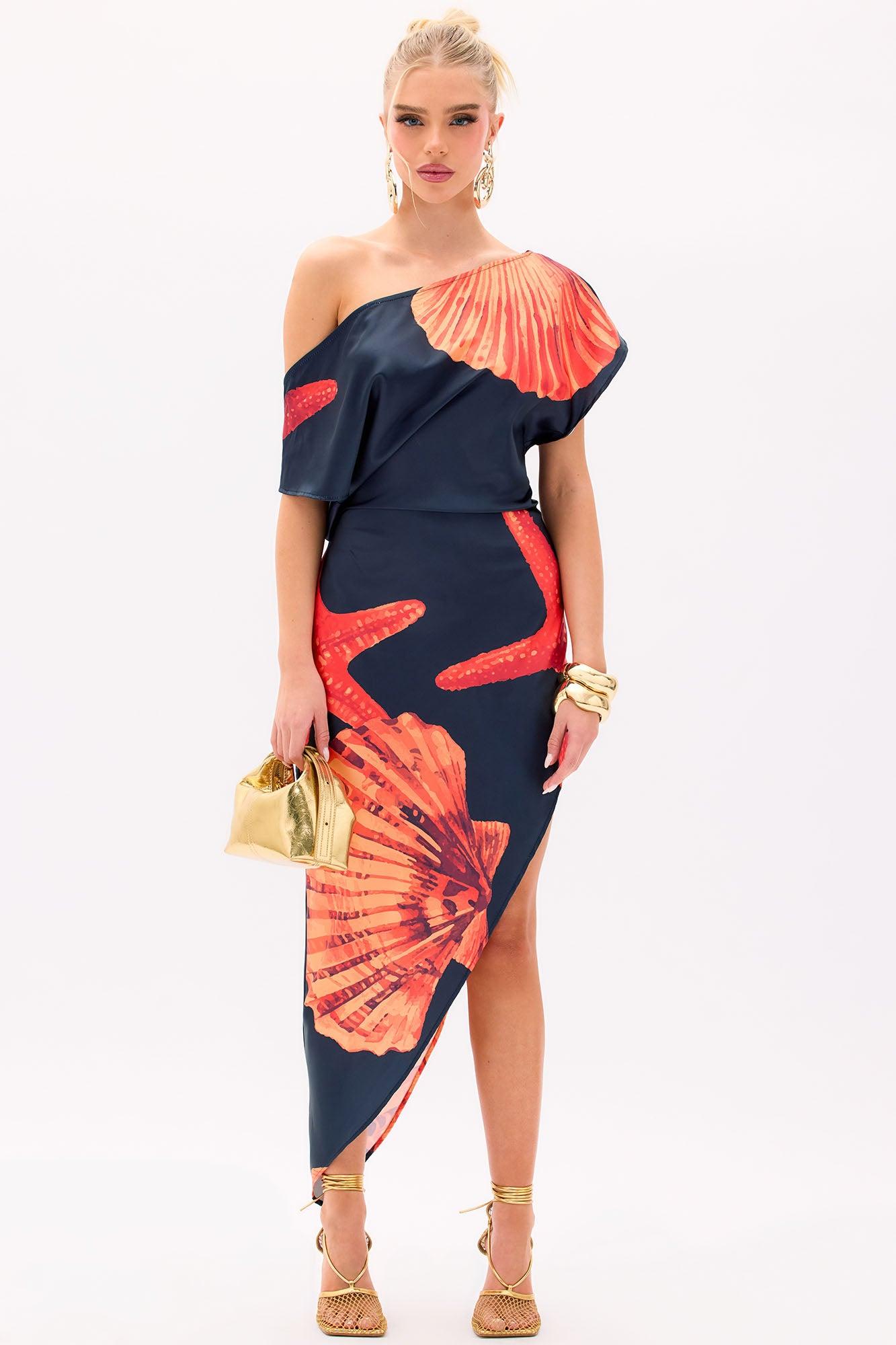 Santorini Satin Midi Dress - Orange/combo Product Image