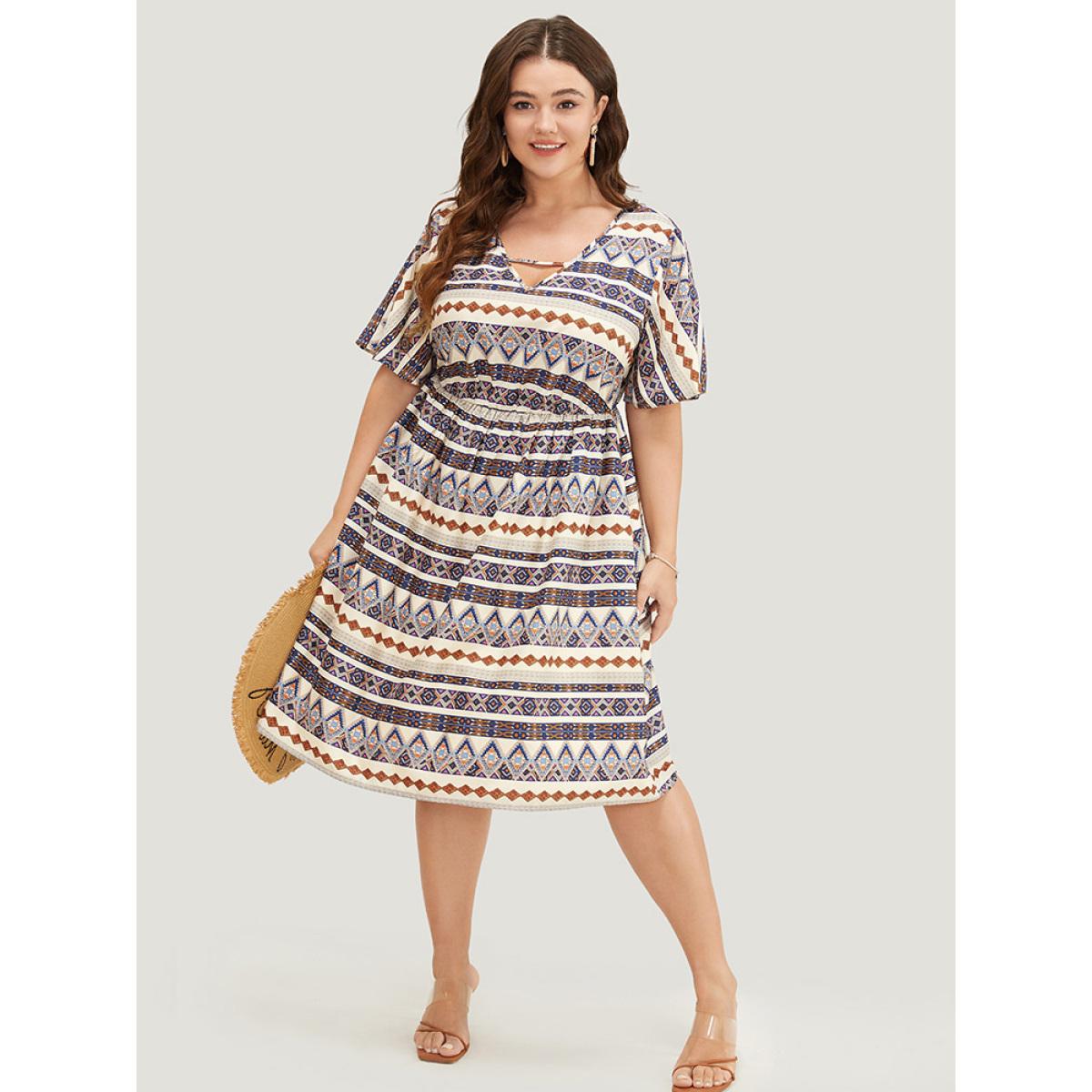 Plus Size Bandana Print Pocket Ruffle Keyhole Knee Dress Multicolor Women Vacation Keyhole V-neck Short sleeve Curvy Knee Dress BloomChic 28/5X Product Image