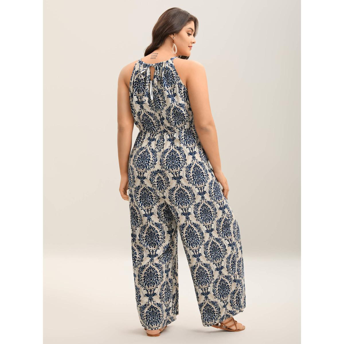 Plus Size DarkBlue Rayon Damask Print Stretchy Waist Jumpsuit Women Boho Sleeveless Halter neck Vacation Loose Jumpsuits BloomChic 10/M Product Image
