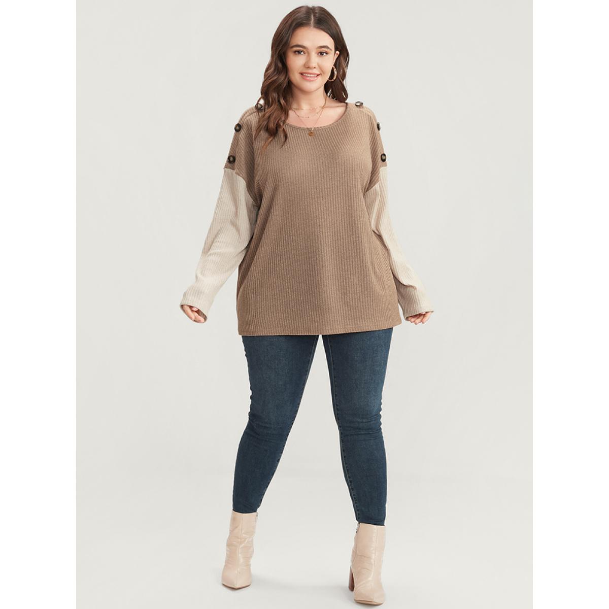 Plus Size Colorblock Contrast Button Detail Rib Knit Sweatshirt Women LightBrown Casual Contrast Round Neck Dailywear Sweatshirts BloomChic 12/L Product Image