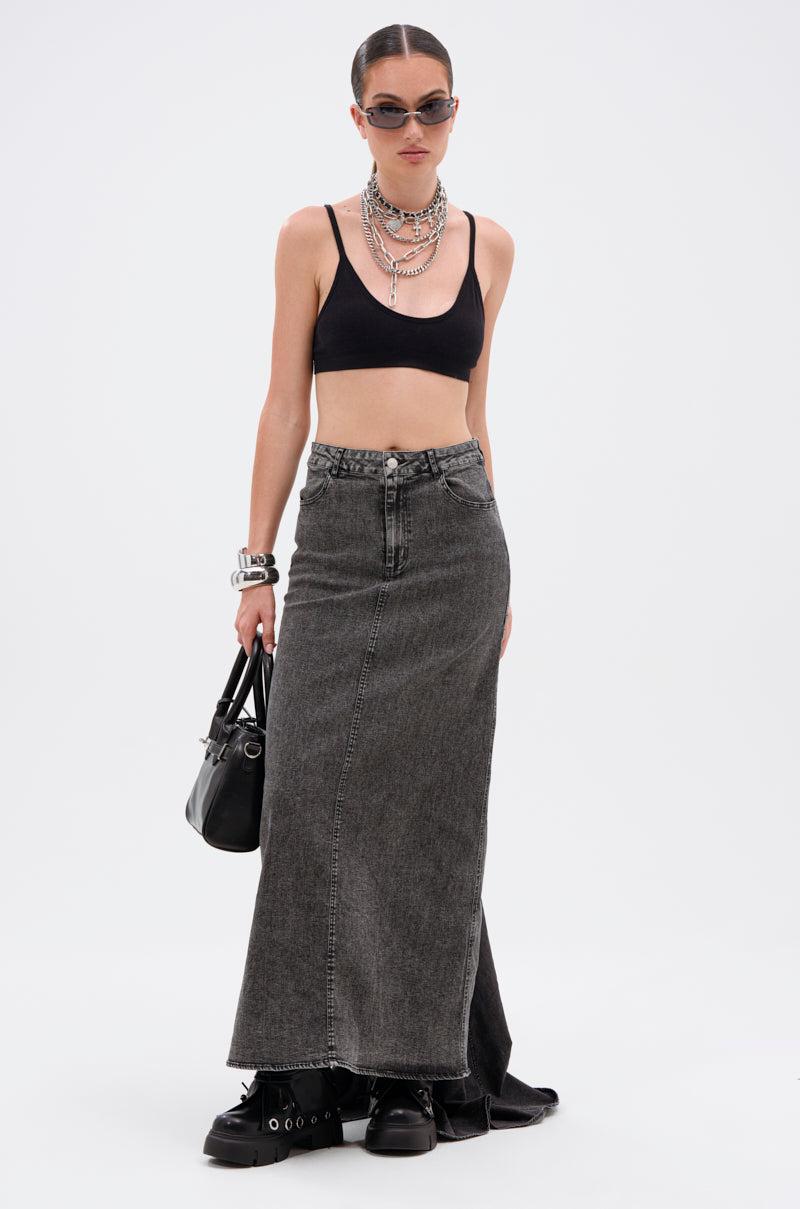 OH THE DRAMA DENIM MAXI SKIRT WITH TRAIN IN GREY Product Image