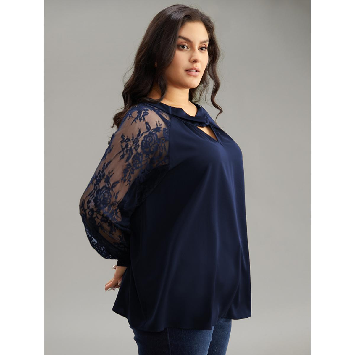 Plus Size Indigo Anti-Wrinkle Crochet Lace Mesh Keyhole Blouse Women Office Long Sleeve Keyhole Cut-Out Office Blouses BloomChic 22-24/3X Product Image