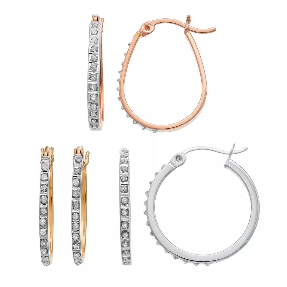 Diamond Mystique Tri-Tone Sterling Silver Hoop Earring Set, Women's Product Image
