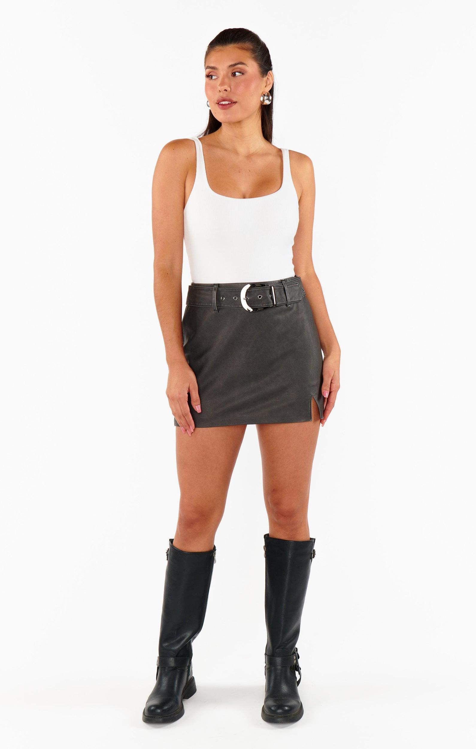 Tyra Belted Skirt ~ Vintage Black Faux Leather Product Image