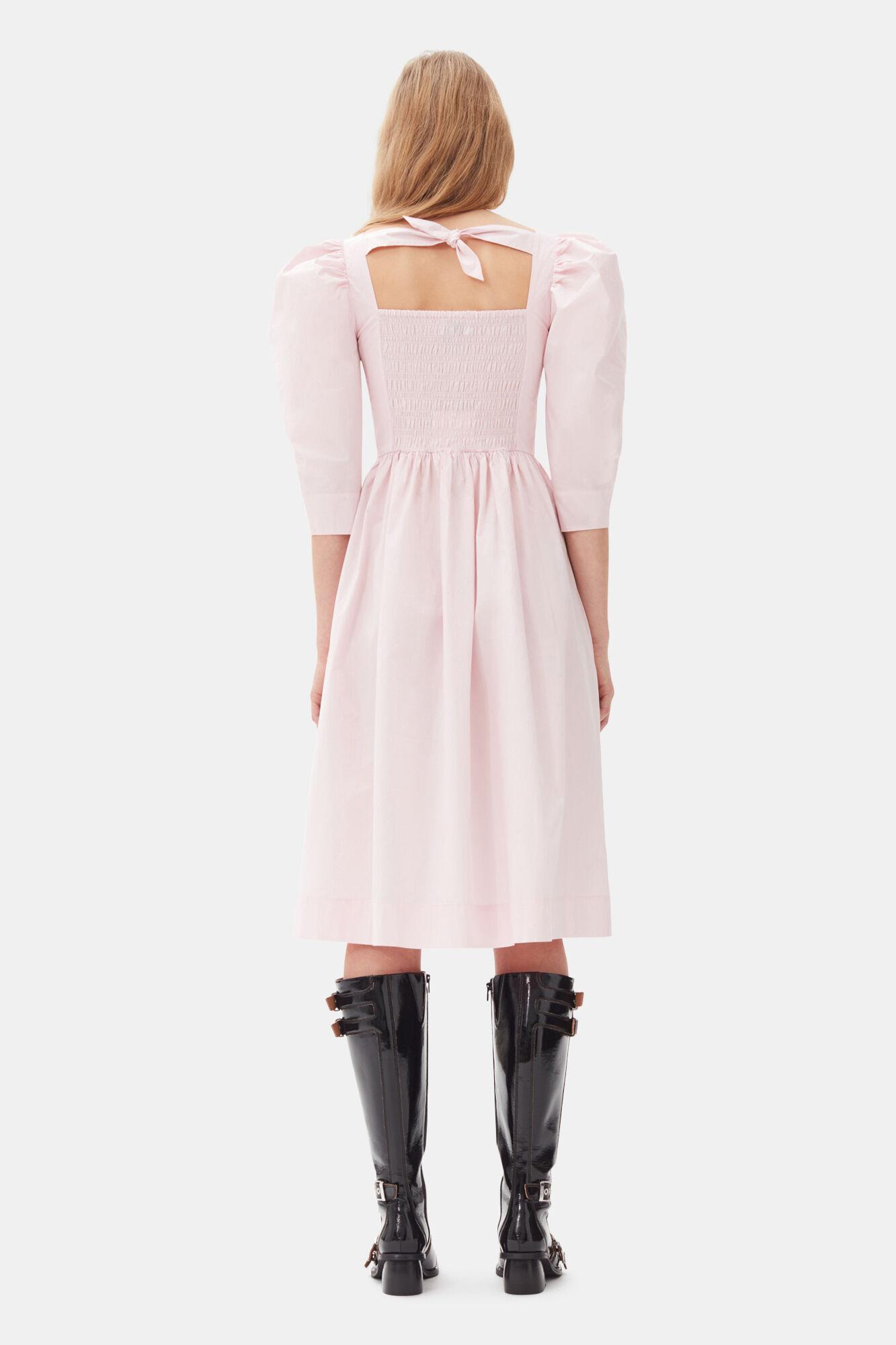 Pink Cotton Poplin Open Neck Smock Dress Product Image