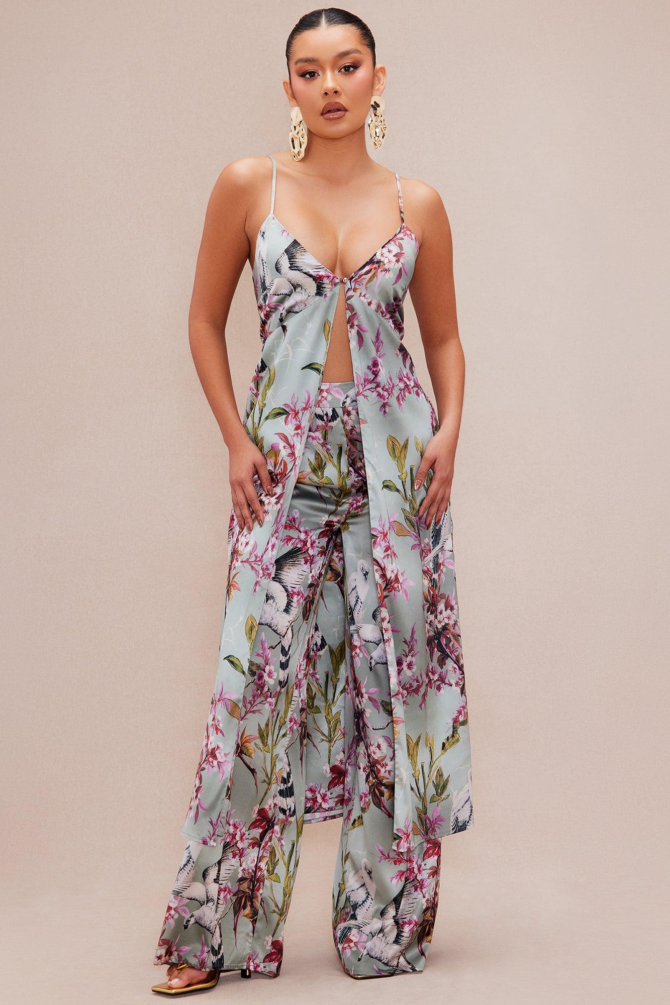 Guiselle Flyaway Satin Pant Set - Sage/combo Product Image