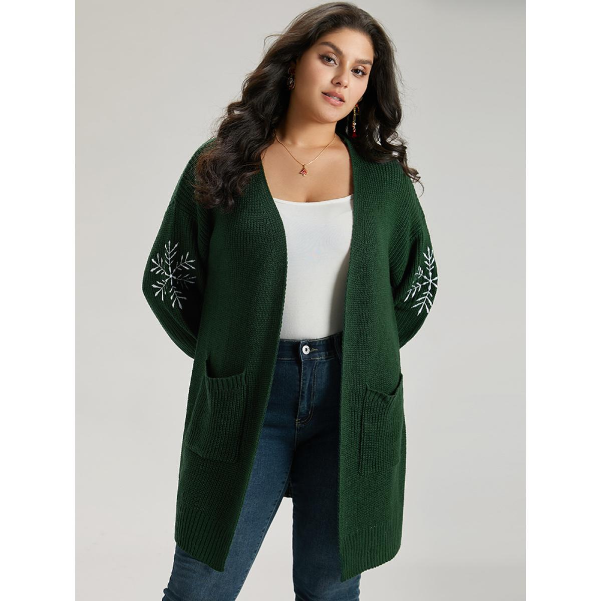 Plus Size Snowflake Embroidered Patched Pocket Cardigan DarkGreen Women Casual Loose Long Sleeve Festival-Christmas Cardigans BloomChic 22-24/3X Product Image