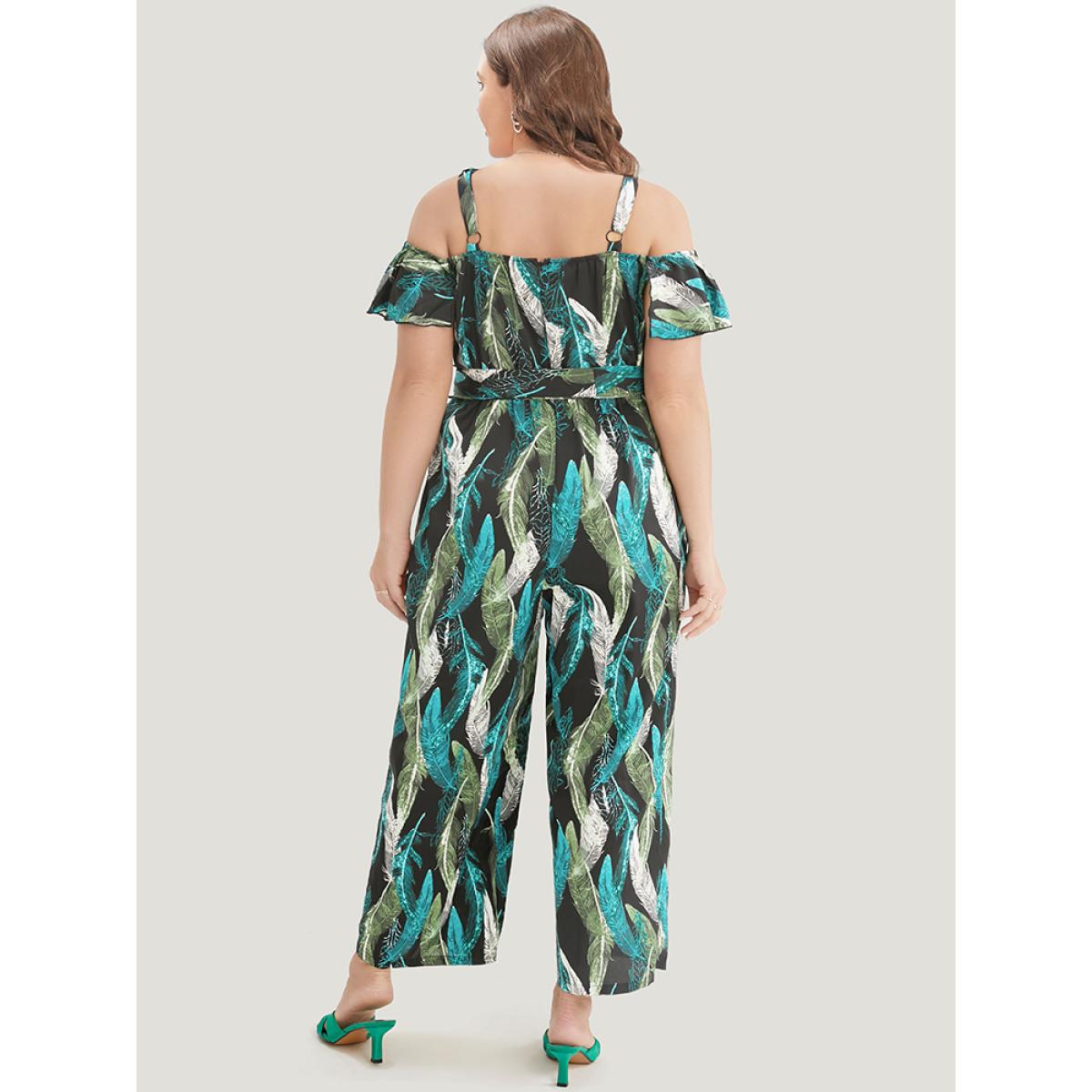 Plus Size Black Tropical Cold Shoulder Pocket Belted Ruffle Trim Jumpsuit Women Vacation Short sleeve Cold Shoulder Dailywear Loose Jumpsuits BloomChic 28/5X Product Image