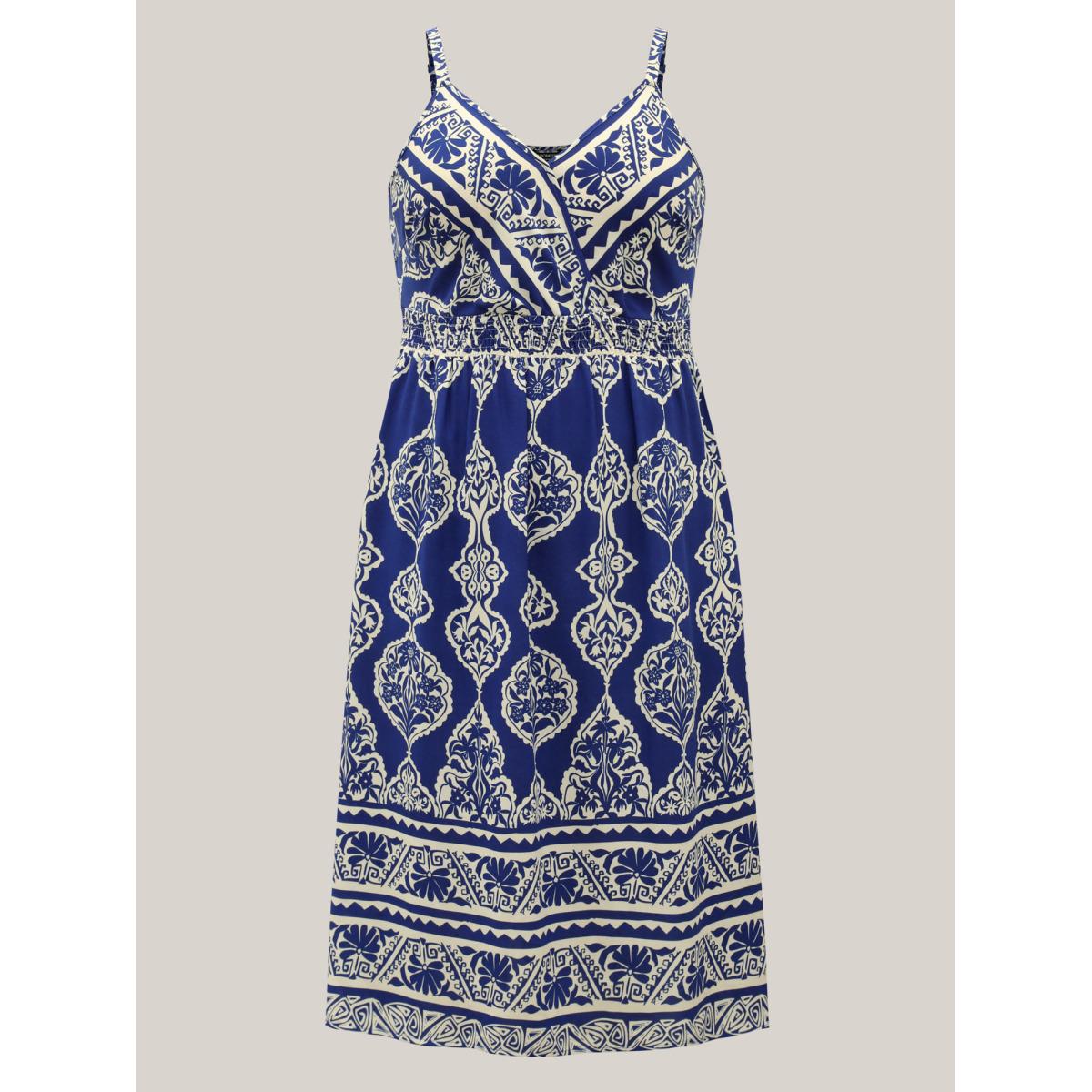 Plus Size Boho Print Shirred Pockets Midi Dress DarkBlue Women V-neck Sleeveless Curvy BloomChic 18-20/2X Product Image