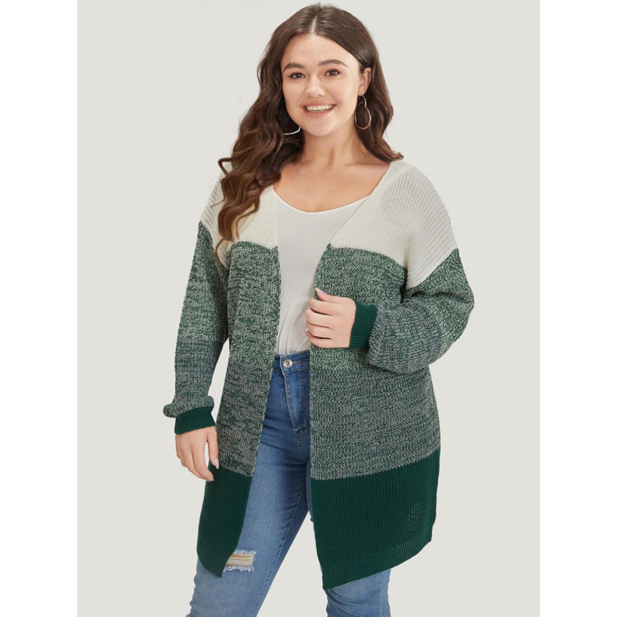 Plus Size Colorblock Drop Shoulder Patchwork Cardigan Green Women Casual Loose Long Sleeve Dailywear Cardigans BloomChic 12/L Product Image