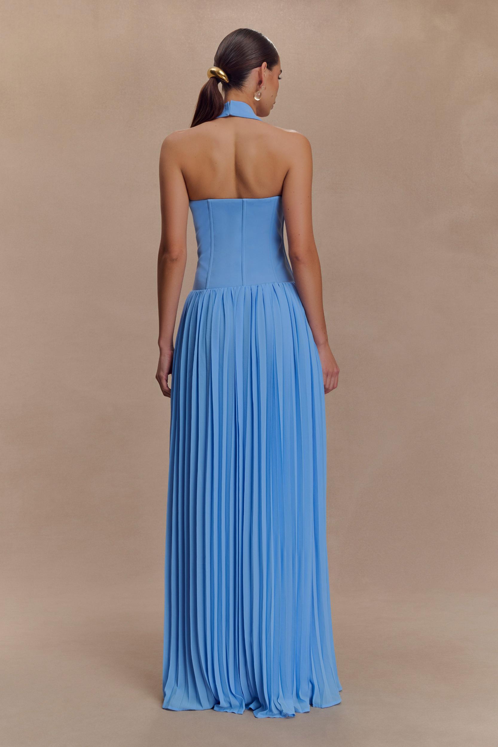 Stacie Pleated Halter Maxi Dress - Bright Blue Product Image