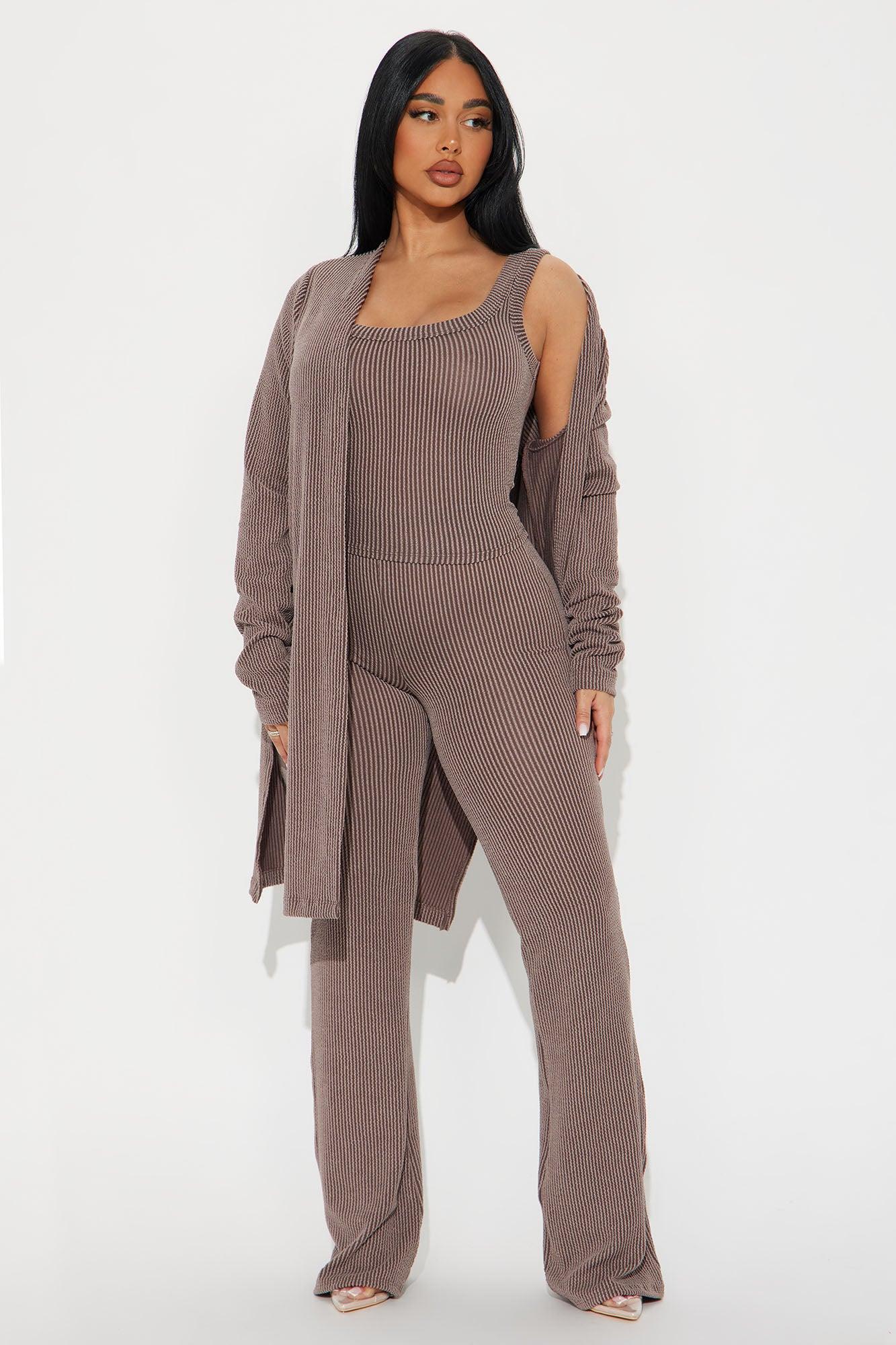 Weekend Vibe Ribbed 3 Piece Pant Set - Brown Product Image