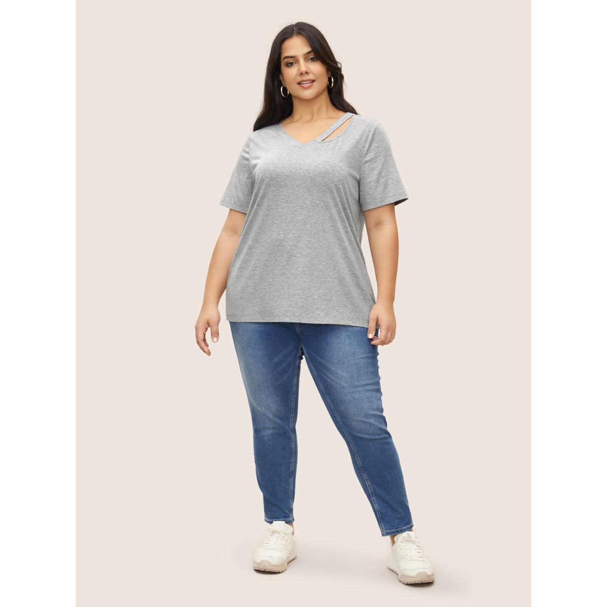 Plus Size V Neck Solid Heather Cut Out T-shirt Gray Women Casual Cut-Out V-neck Everyday T-shirts BloomChic 14-16/1X Product Image
