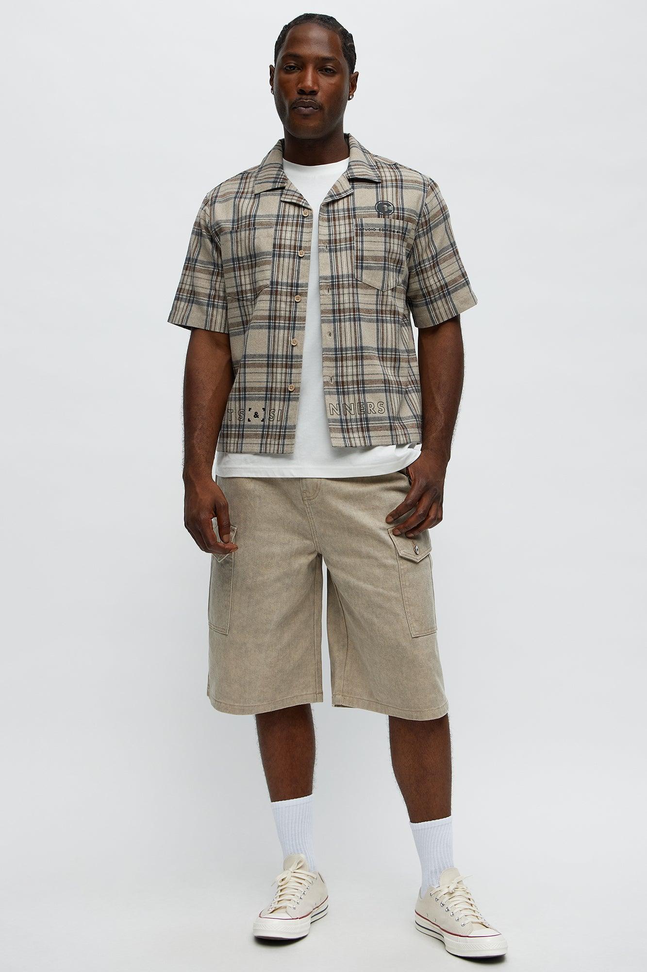 Culture Plaid Cropped Button Up Shirt - Sand Male Product Image