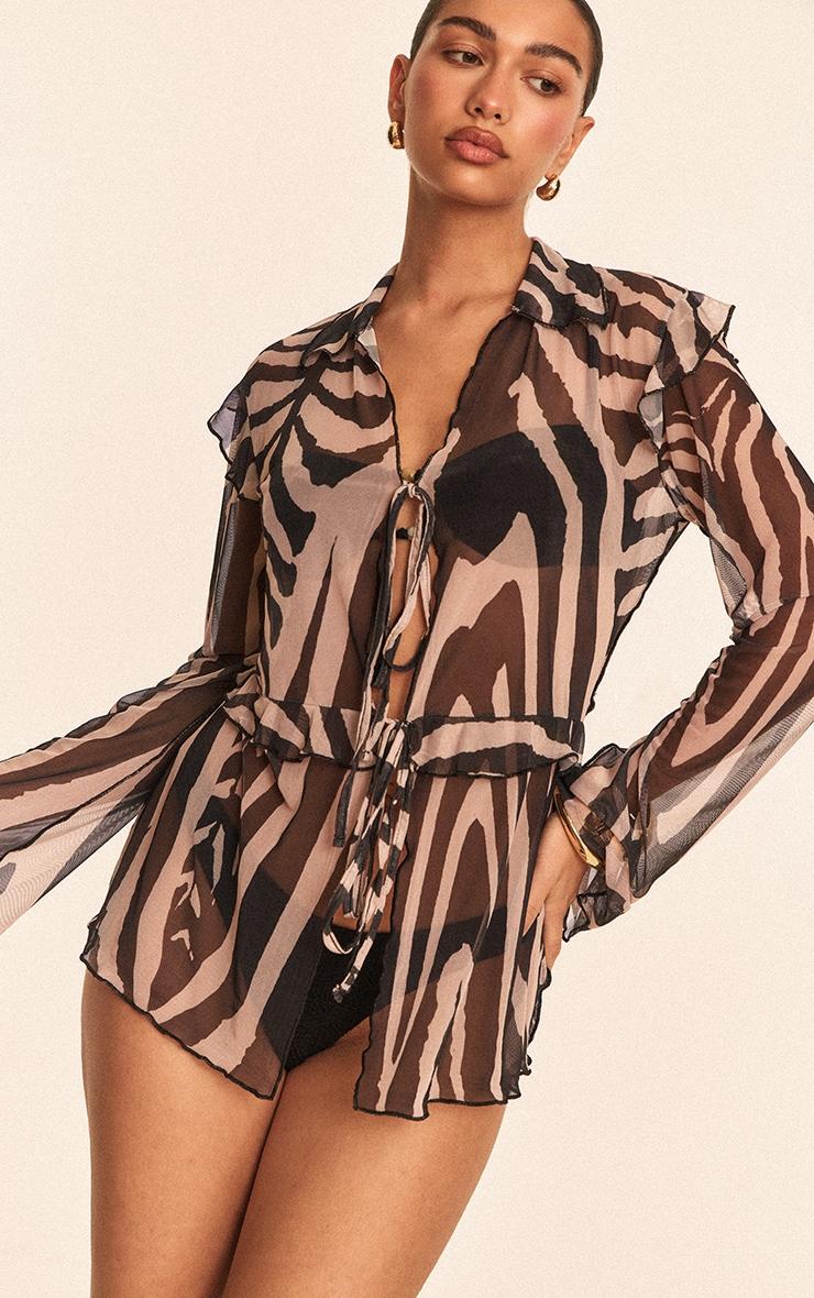 Black Zebra Printed Mesh Frilly Tie Front Beach Top Product Image