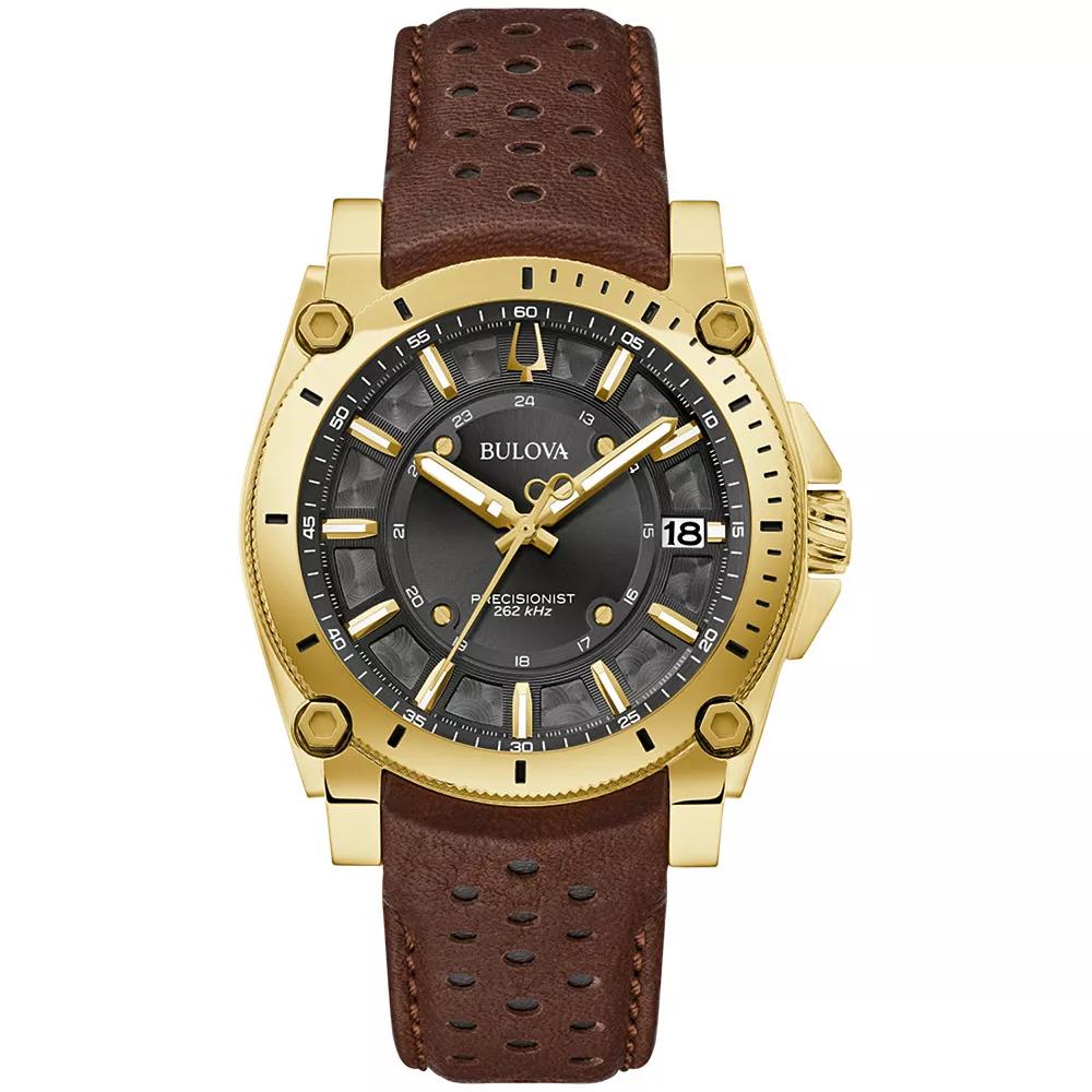 Bulova Mens Icon Precisionist Gold Tone Stainless Steel Brown Leather Strap Watch - 97B216 Black Product Image